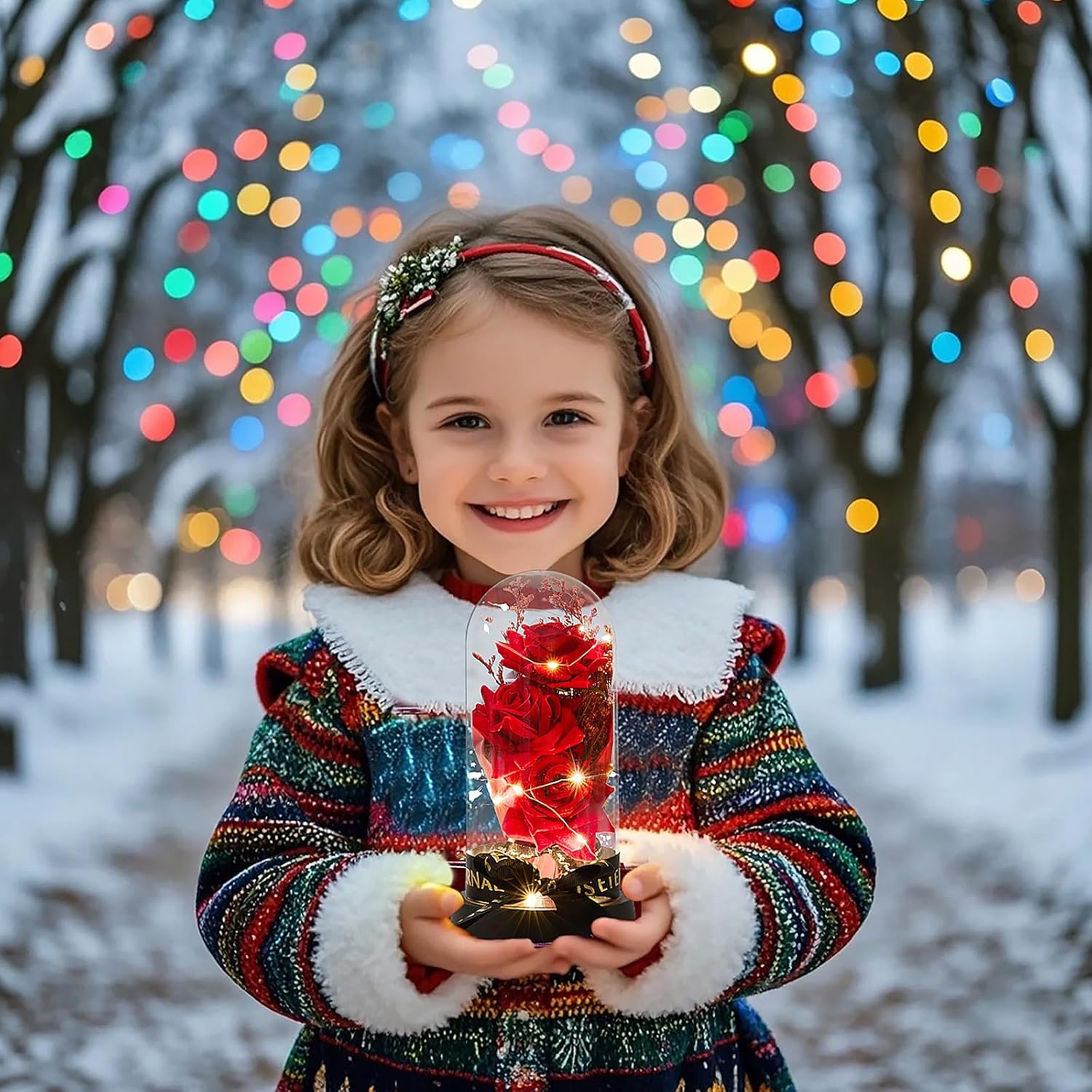 3 Blossoms Artificial Roses in Clear Dome with LED Lights-Valentine's Day Gifts Valentines Day Decorations - Preserved Flowers Fake Roses for Wedding Candlelight Dinner Anniversary - Image 2