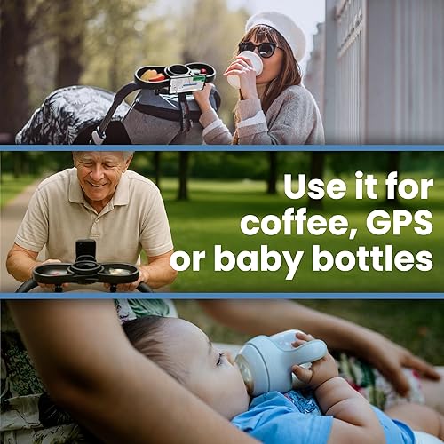 Miniatura 5 de Bandeja universal para cochecito con portavasos y soporte para teléfono, compatible con iPhone 16 Pro Max, rotación de 360, fácil instalación sin