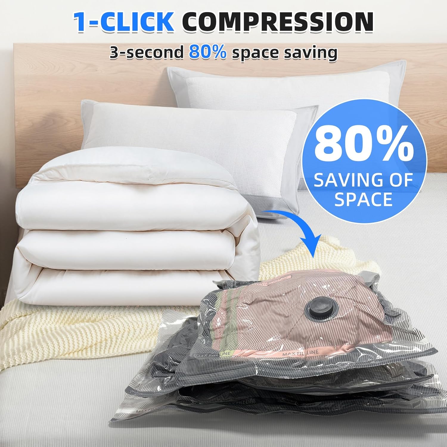 12 Pack Travel Vacuum Bags for Clothing with Rechargeable Electric Pump,Travel Vaccine Sealed Storage Bag for Comforters Blankets Clothes Suitcase - Image 3