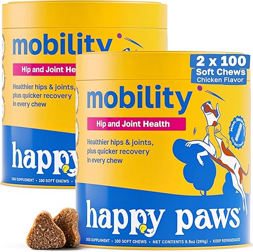 Happy Paws Mobility - Soporte para la salud de la cadera y las articulaciones para perros, masticables suaves con glucosamina, condroitina, Msm,