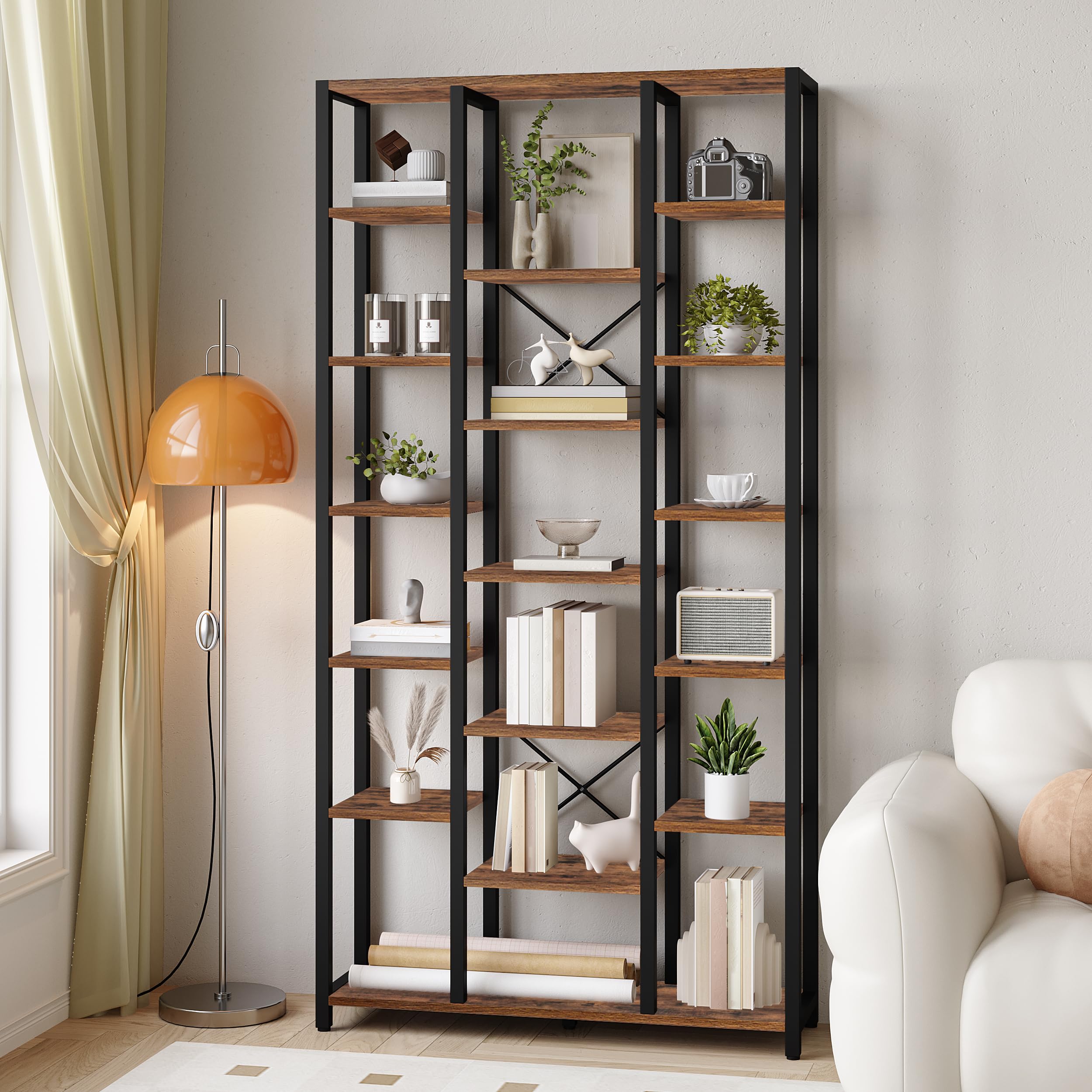 Hzuaneri Bücherregal Standregal 7 Ebenen 18 Ablagen verstellbare offene Ablagen 30 x 100 x 202 cm Vintagebraun-Schwarz