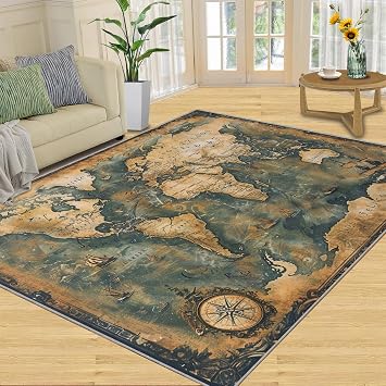 Vintage World Map Area Rug 8x10-8x10 Rug, Nautical Rugs for Living Room, Retro Area Rugs for Bedroom, Farmhouse Washable Carpet, Nautical Themed Home Decor & Gifts