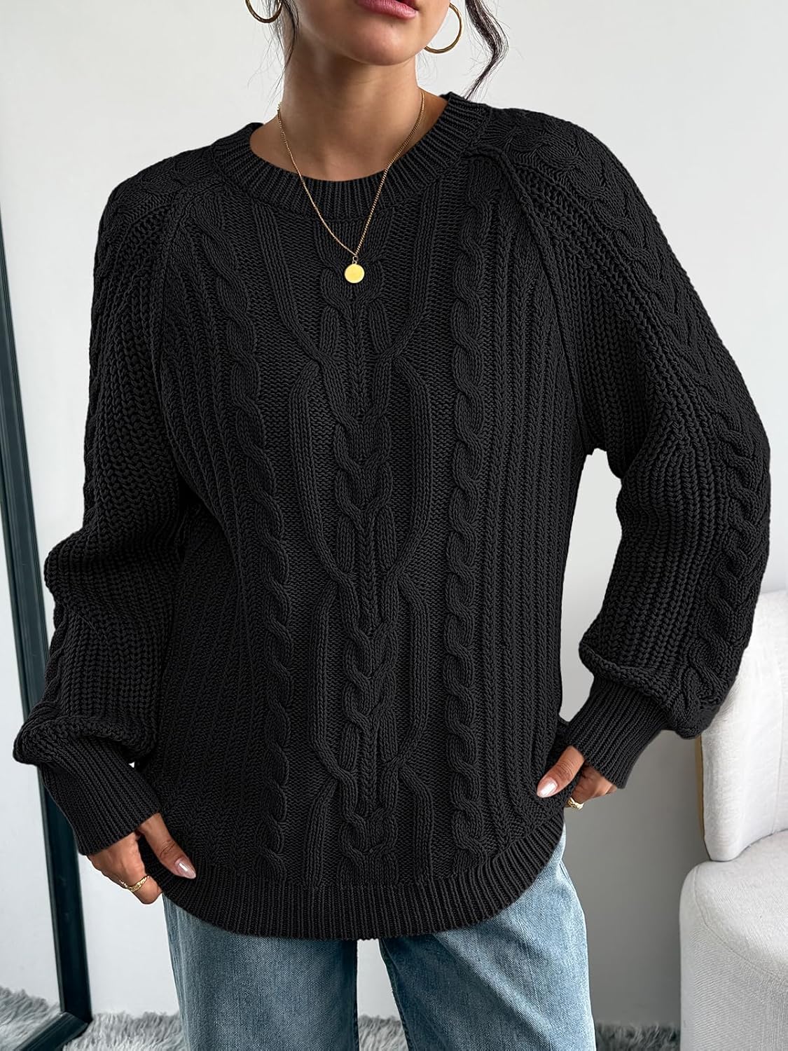 Trendy Queen Women's Oversized Cable Knit Crewneck Fall Pullover Sweaters