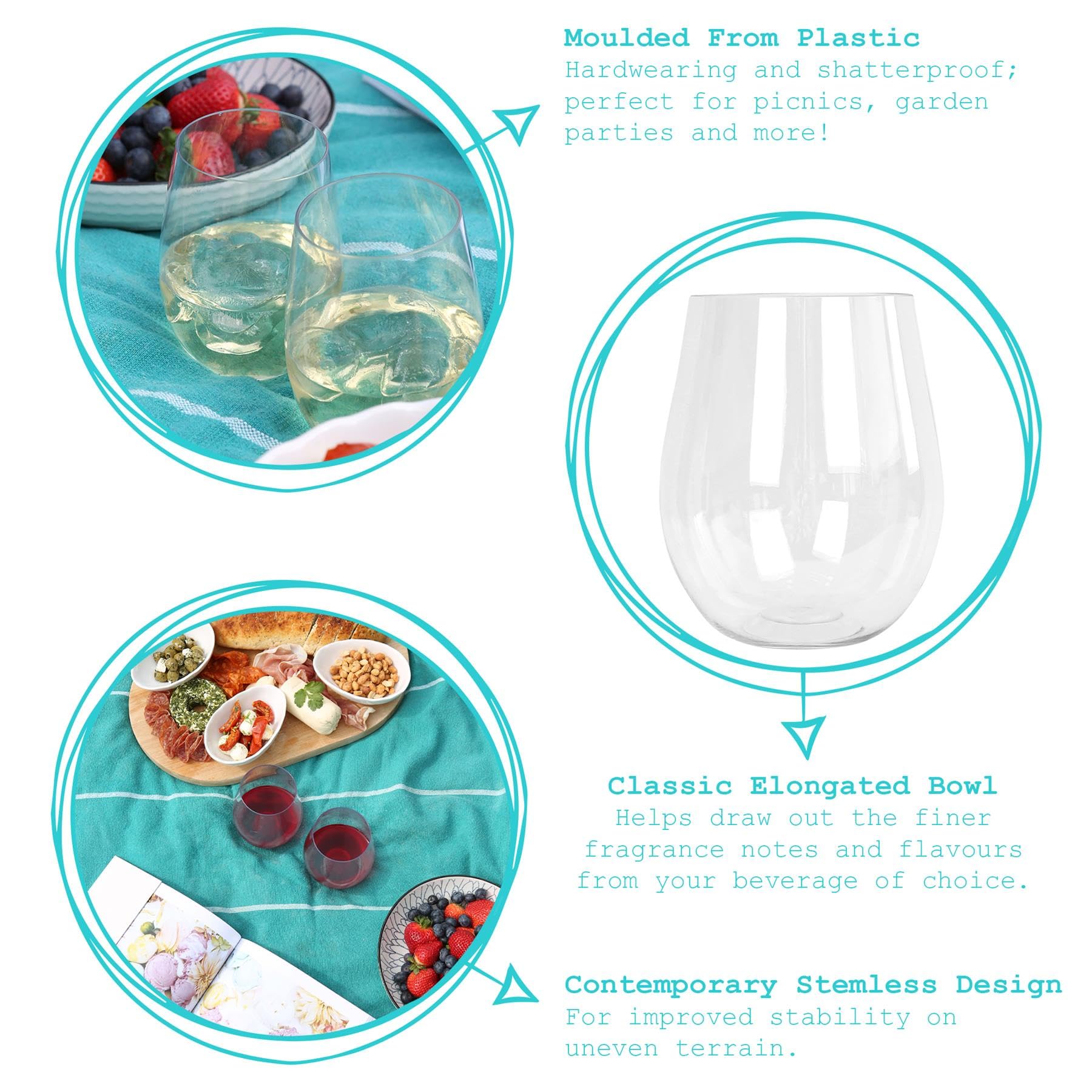 Argon Tableware 12x 600ml Plastique Réutilisable Verres à Vin sans Pied - Adultes Grand Clair Cocktail Fête Pique-nique Camping Buvant Gobelets Tasses Ensemble