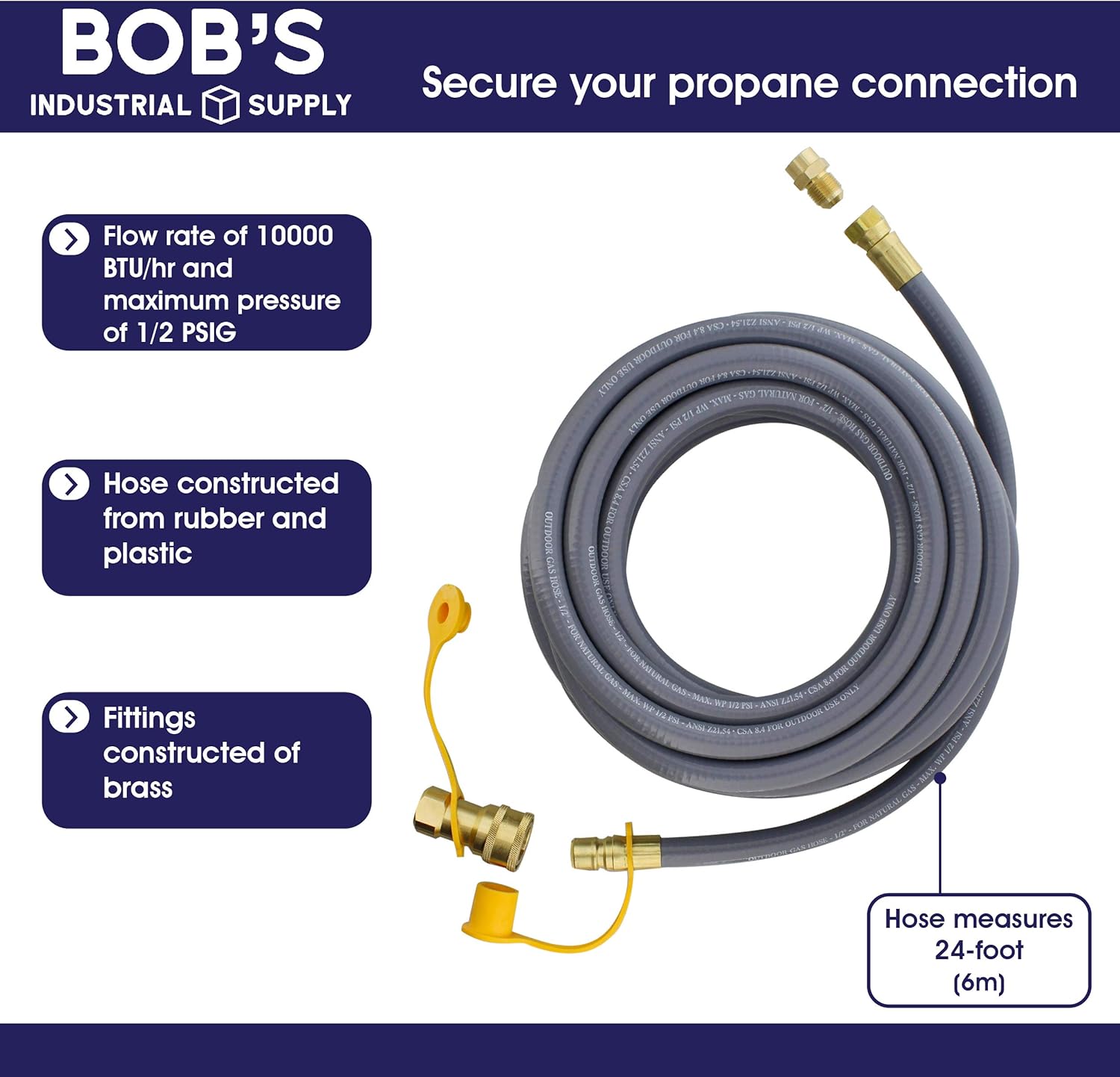 BISupply Natural Gas Grill Hose, 24ft - Flexible Gas Line Quick Connect Gas Hose 3/8in Female Flare to 1/2in Male Flare