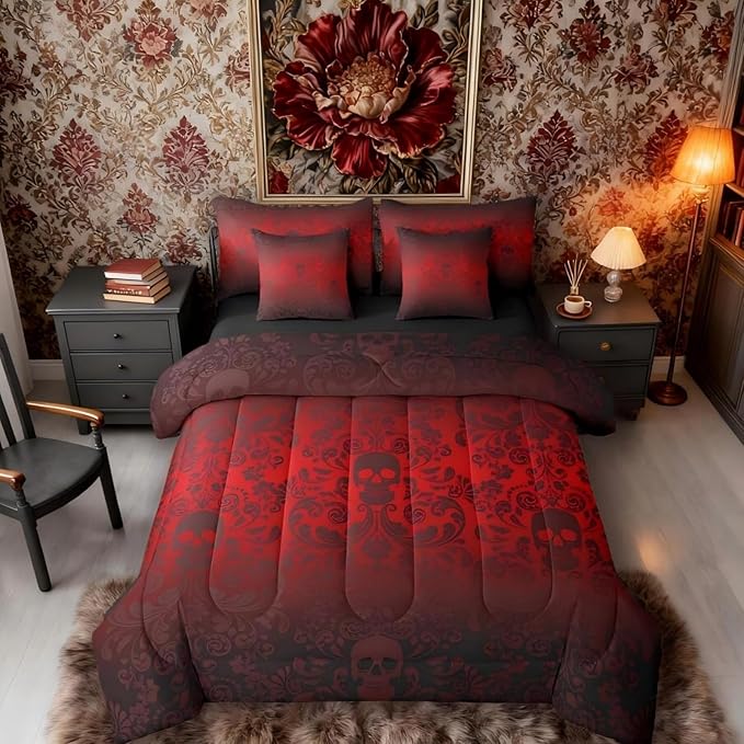 Damask Gothic Bedding Set Adults Antique Victorian Bed in a Bag Queen Comforter Set 7 Piece,Red and Black Sugar Skull Sheet Set Vintage Floral Goth Bed Set,Exotic Bone Skeleton Bohemian Decor