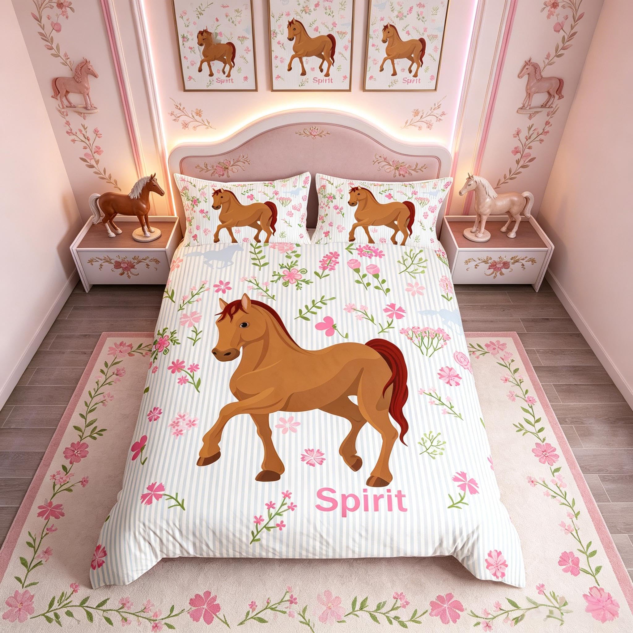 Girls Horse Bedding Set - Kids Cartoon Farmhorse Floral Comforter & Duvet Cover for Toddler Baby Girl - Pink Blue Stripe Breathable Spirit Horse Animal Bedspread Quilt Cover - Super King — image 1