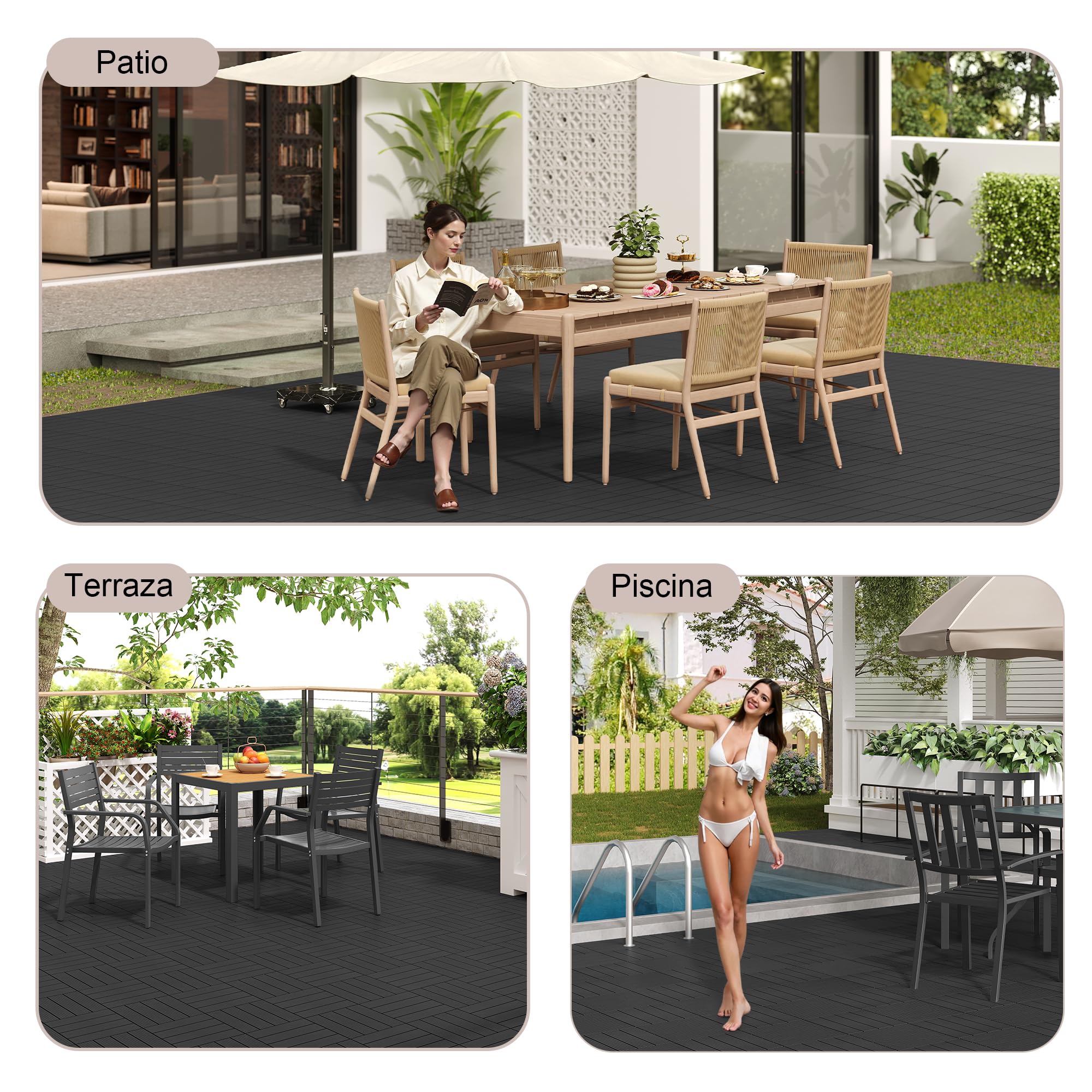 Laneetal Baldosas de Madera Exterior, Suelo WPC Terraza Balcón, Baldosas Antideslizantes, Suelo de WPC para Piscina, Patio, Jardin, 30x30 cm, Pack 11 Piezas, Colocación Fácil, Antracita
