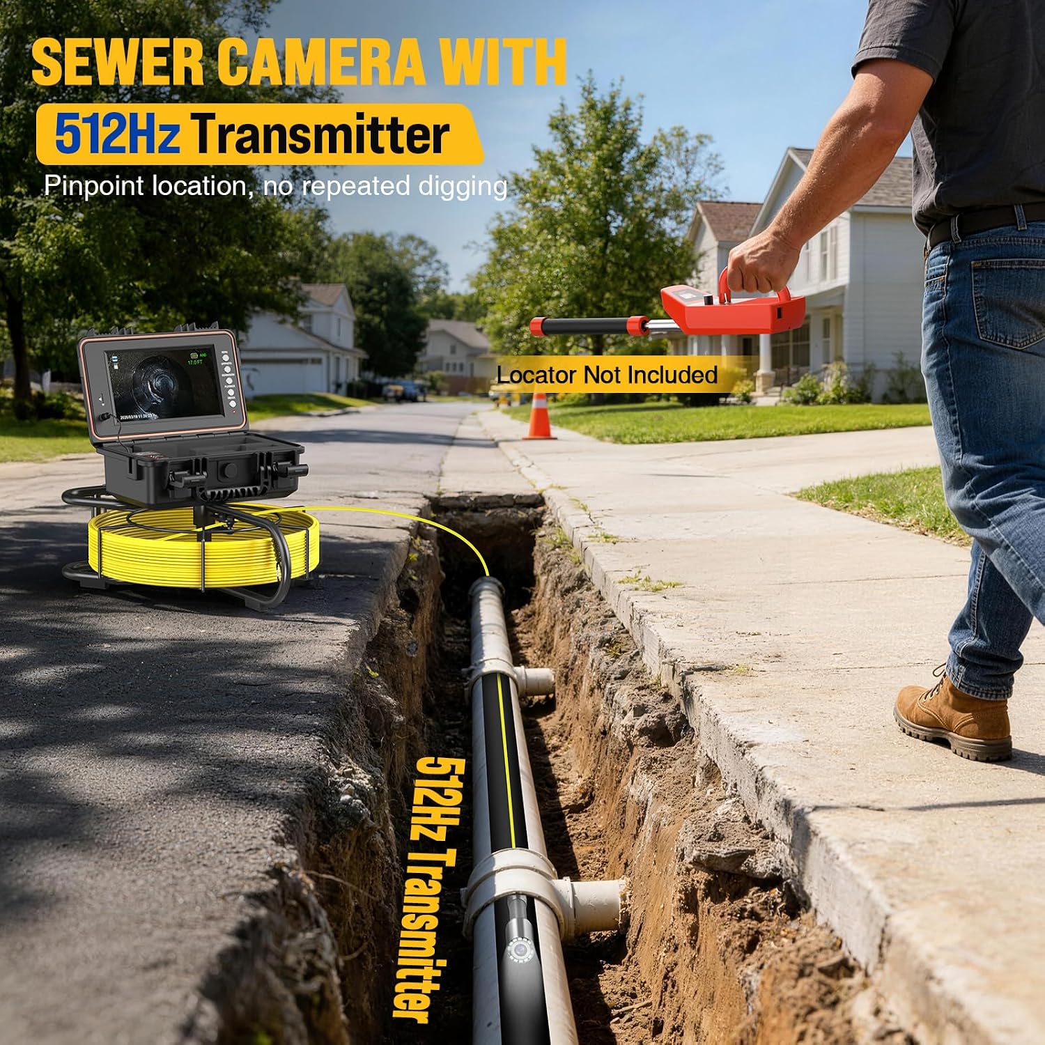 Anysun Sewer Camera with 512Hz Sonde, Self Leveling Drain Pipe Camera 150ft with Distance Counter, 9'' 1080P IPS Monitor, Video Recorder, Sewer Inspection Camera, 7MM Cable with 12 Lights(32GB Card)