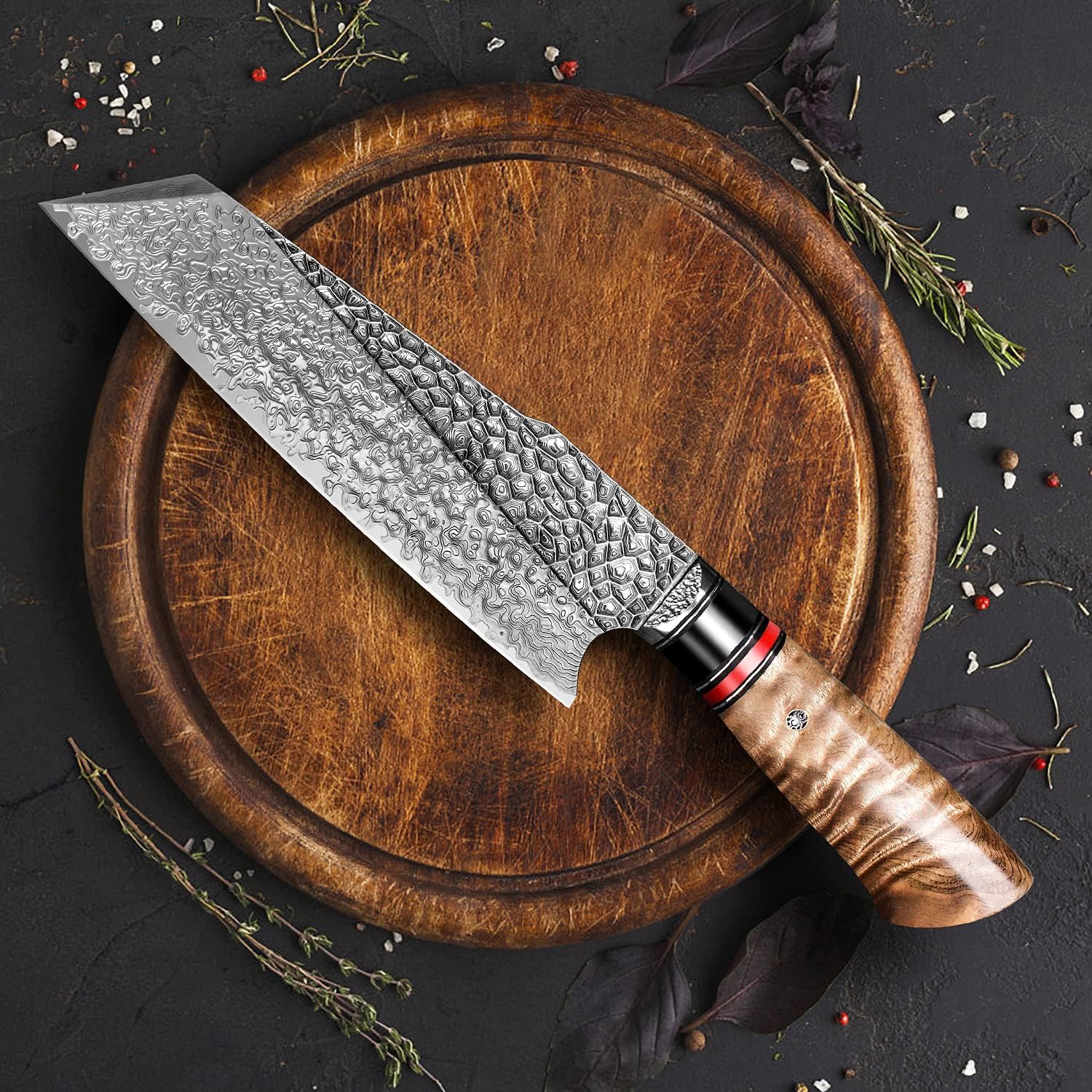 7.6 Inch Handmade Santoku Chef Knife,Ultra Sharp Damascus Steel Blade, Burl Wood Handle,Japanese Style Handmade Kitchen Cooking Knives with Sheath for Home and Restaurant