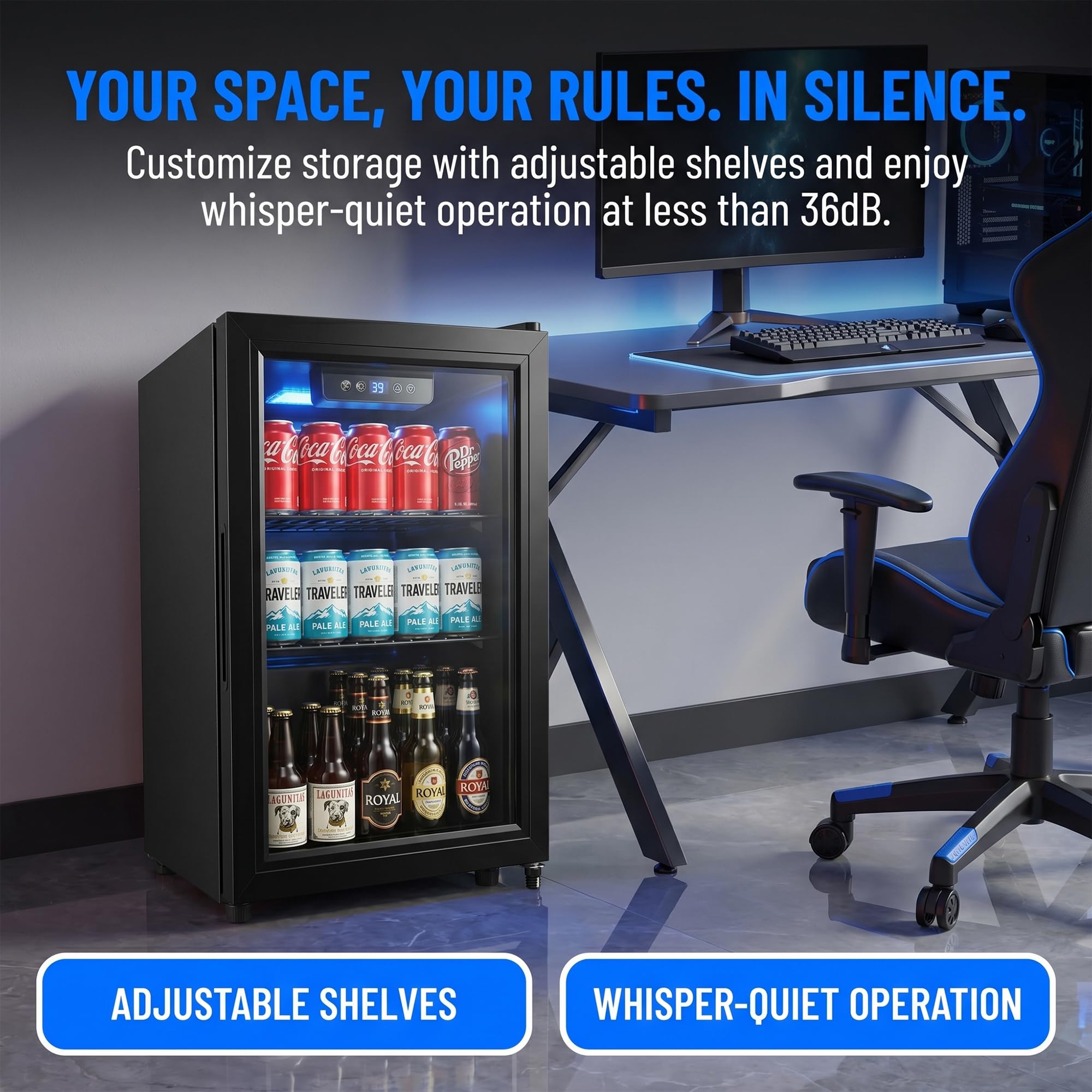 Clickoods 1.8 Cu Ft Beverage Refrigerator, 70 Can Mini Fridge With Glass Door, Digital Temperature Control, Adjustable Shelves, Quiet Cooler For Beer Soda Wine, Office Dorm on Fridge.com - View 2