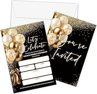 50th Anniversary Invitations Cards, Black Gold Balloon Wedding Anniversary Invitations with Envelopes, Wedding Invitation Card, Anniversary Party Supplies Decorations(Pack of 25)-02