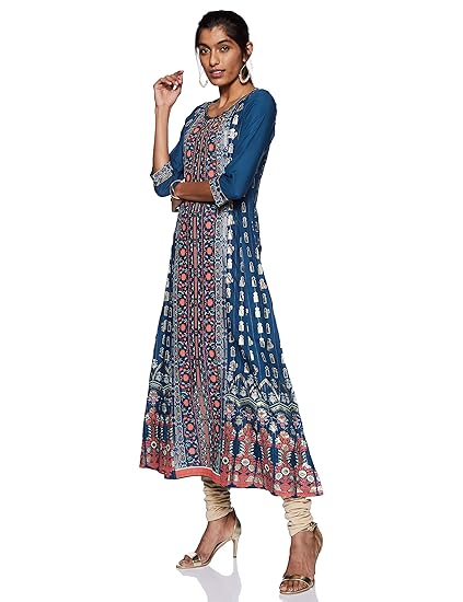Aurelia Women's Cotton Regular Fit Casual Round Neck Printed Embellished Kurta