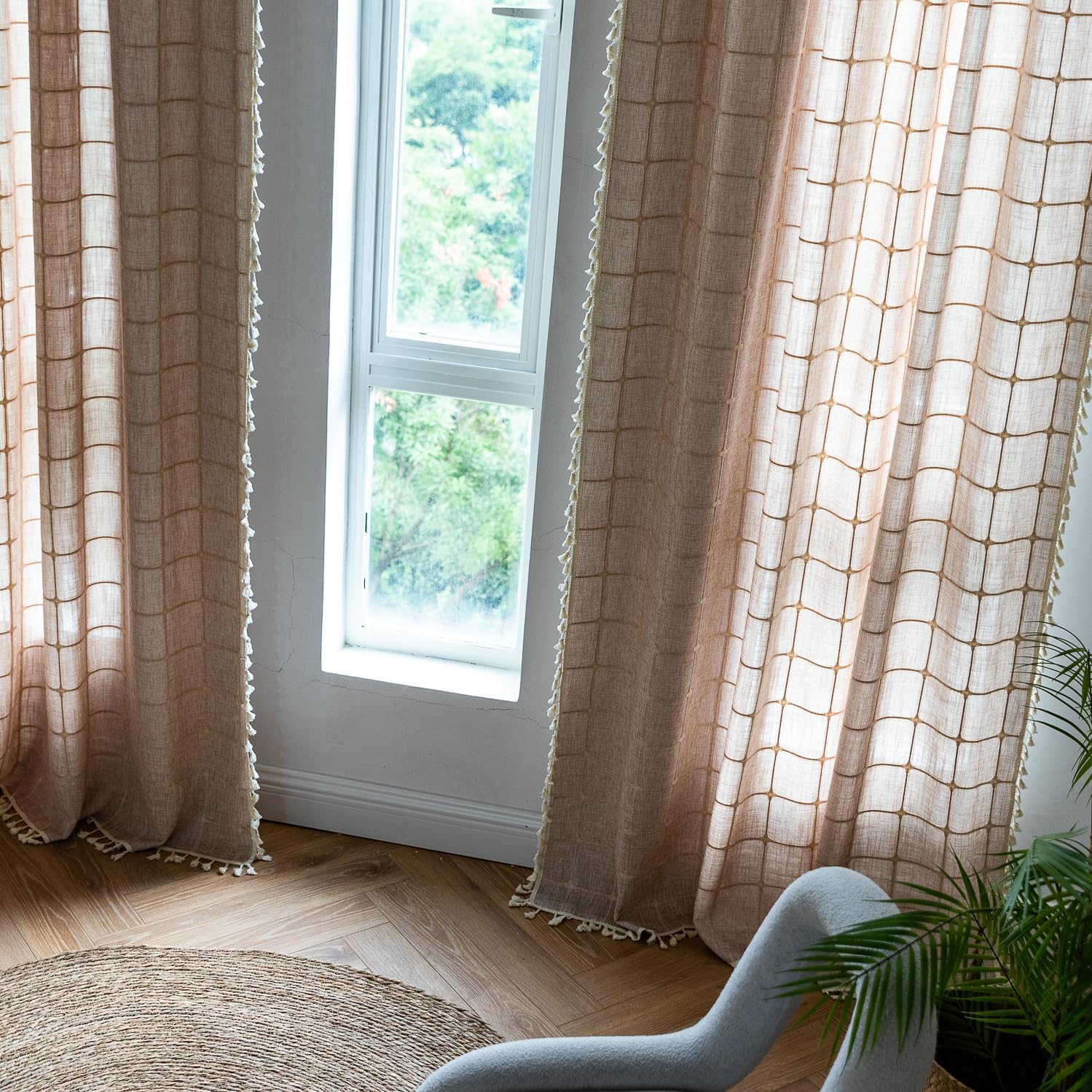 2 Panel Cotton Linen Boho Curtains 84 Inches Long for Living Room Bedroom, Kitchen, Plaids Lattice Embroidered Semi Blackout Bohemian Farmhouse Window Treatment Grids Drape Tassels,Khaki