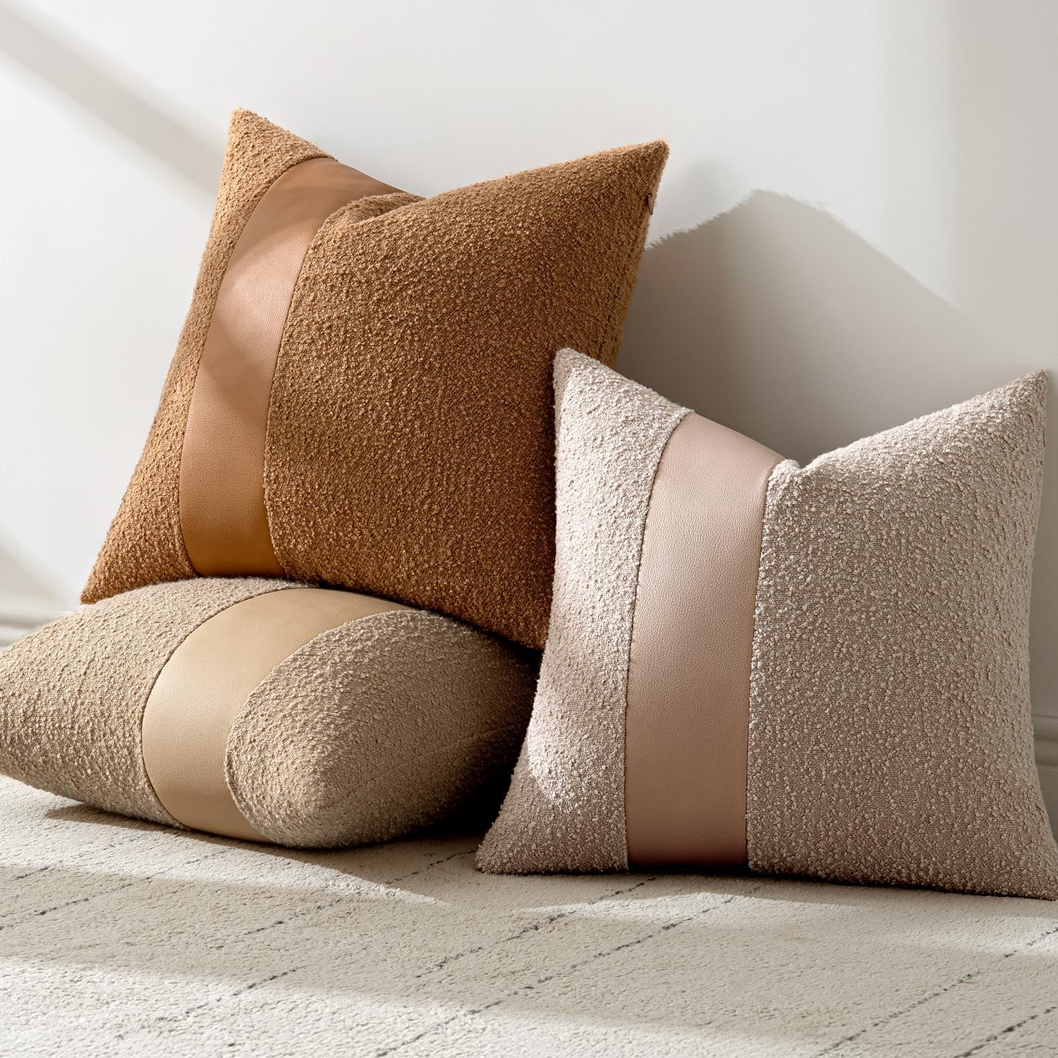 MIULEE Boucle Throw Pillow Covers 20x20 Inch Set of 2 Brown Faux Leather Textured Decorative Pillow Cases Boho Farmhouse Accents Cushion Covers for Couch Bed Livingroom Home Decor - Image 8