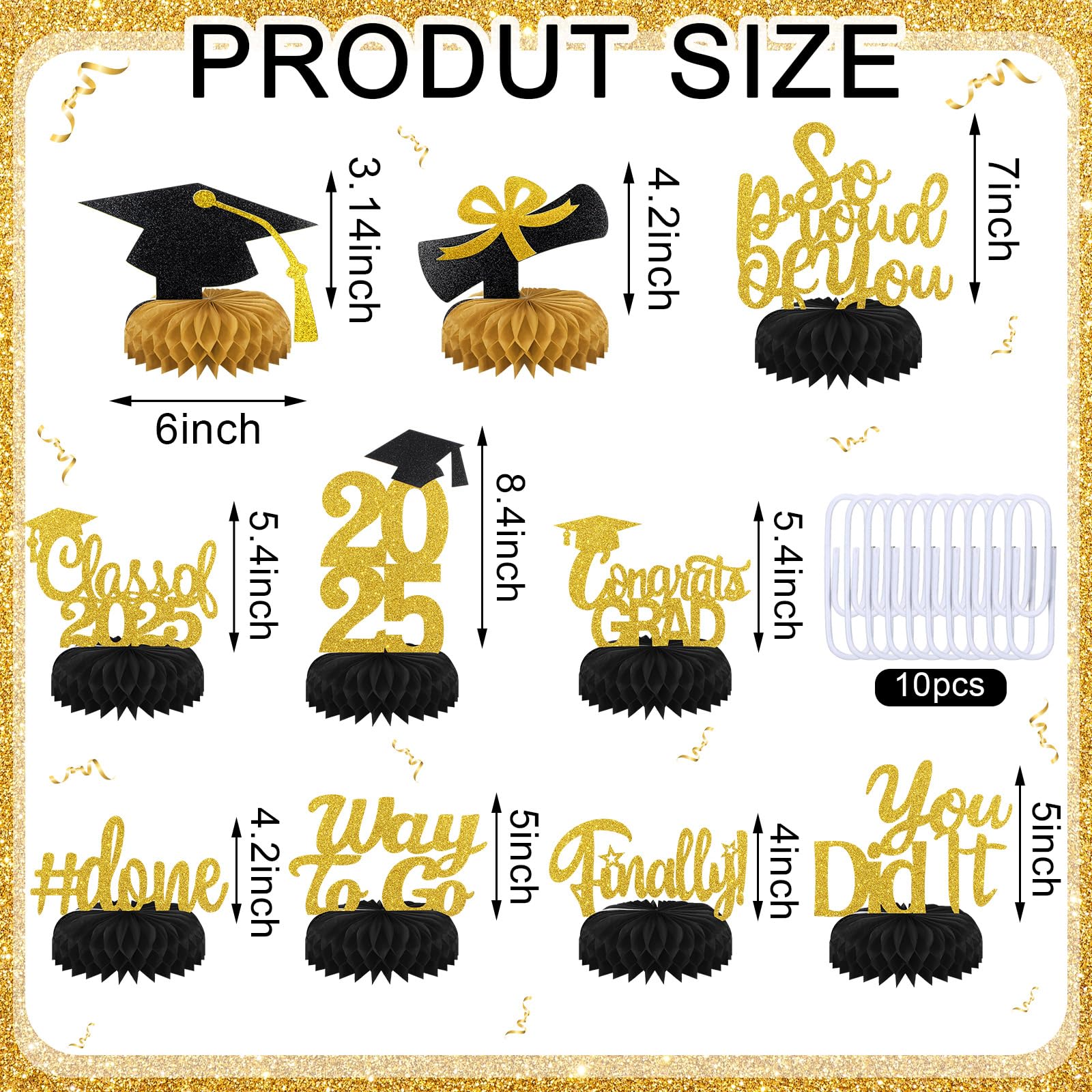 Beeveer 10 Pcs Graduation Decorations Class of 2025, Table Glitter Graduation Centerpieces Honeycomb, Congratulate Grad Table Toppers Decor for 2025 Congrats Grad Party Supplies(Black and Gold)