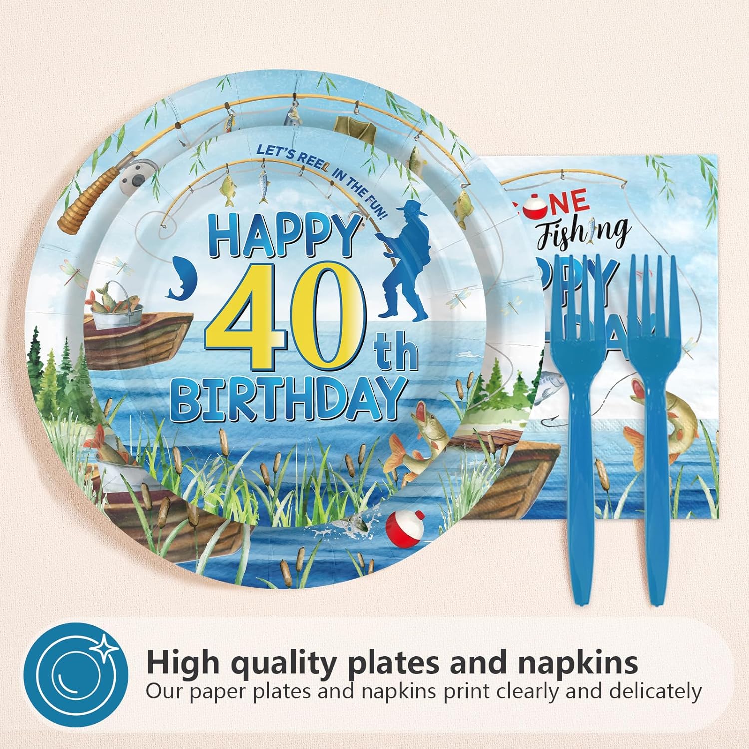 96Pcs Fishing 40th Birthday Party Decorations 40 Years Old Paper Plates and Napkins Disposable Gone Fishing Fortieth Tableware Set for Fisherman Happy 40th Birthday Party Supplies, Serves 24