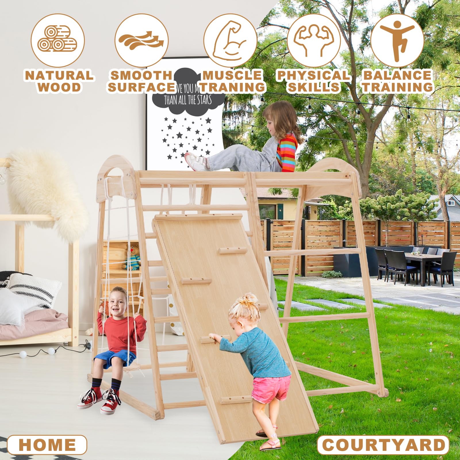 8 in 1 Klettergerüst Indoor für Kinder, Indoor Spielplatz Jungle Fitnessstudio Holz Kletter Spielset mit Rutsche, Schaukel, Affen Bars,Kletterwand, Kletterseil, Spielplatz für Kinderzimmer