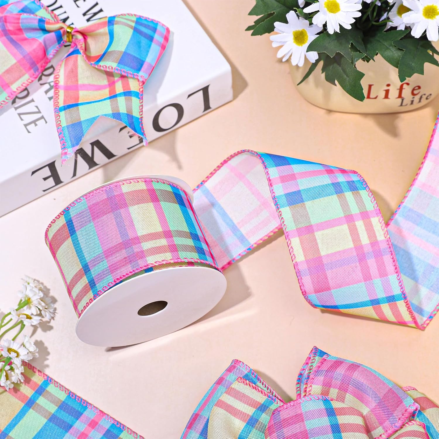 FYSUIMU Colorful Plaid Wired Edge Ribbon 2.5 Inch Spring Easter Pastel Craft Ribbon Candy Color Plaid Fabric Ribbons for Basket Bow Wreath Gift Wrap Party Home Decor, 10 Yards