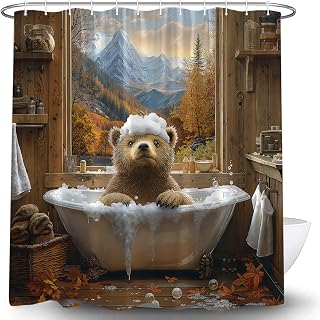 Funny Brown Bear Shower Curtain Rustic Farmhouse Wildlife Animal Bathing Autumn Forest Mountain Nature Country Cabin Lodge Fabric Bathroom Curtain Set with Hook