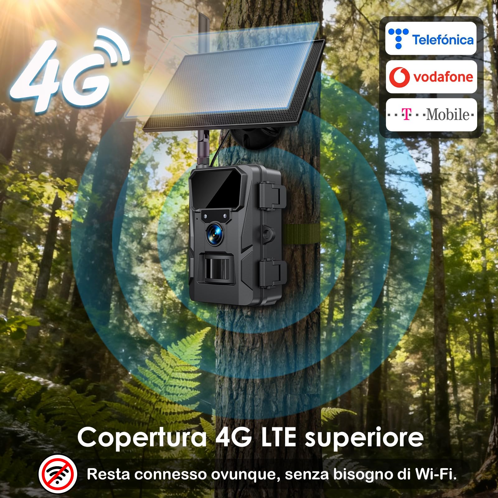 WOLFANG Fototrappola 4G LTE Solare 2K con Scheda SIM e 64GB SD, Visione Notturna, IP66, Nero