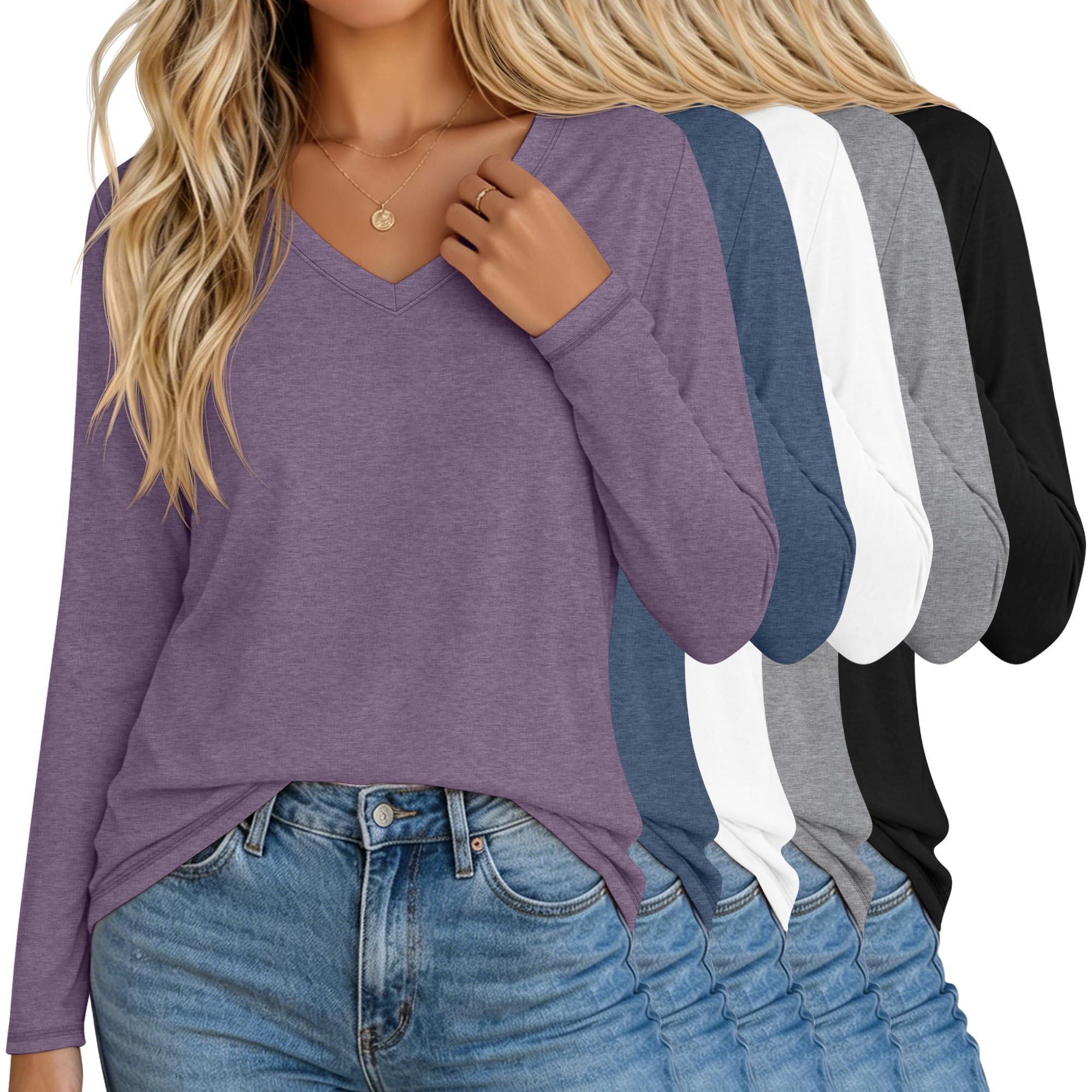 Neer Lot de 5 chemises à manches longues pour femme, col en V, coupe ample, t-shirts basiques solides, tendance, chemisiers décontractés pour l'automne