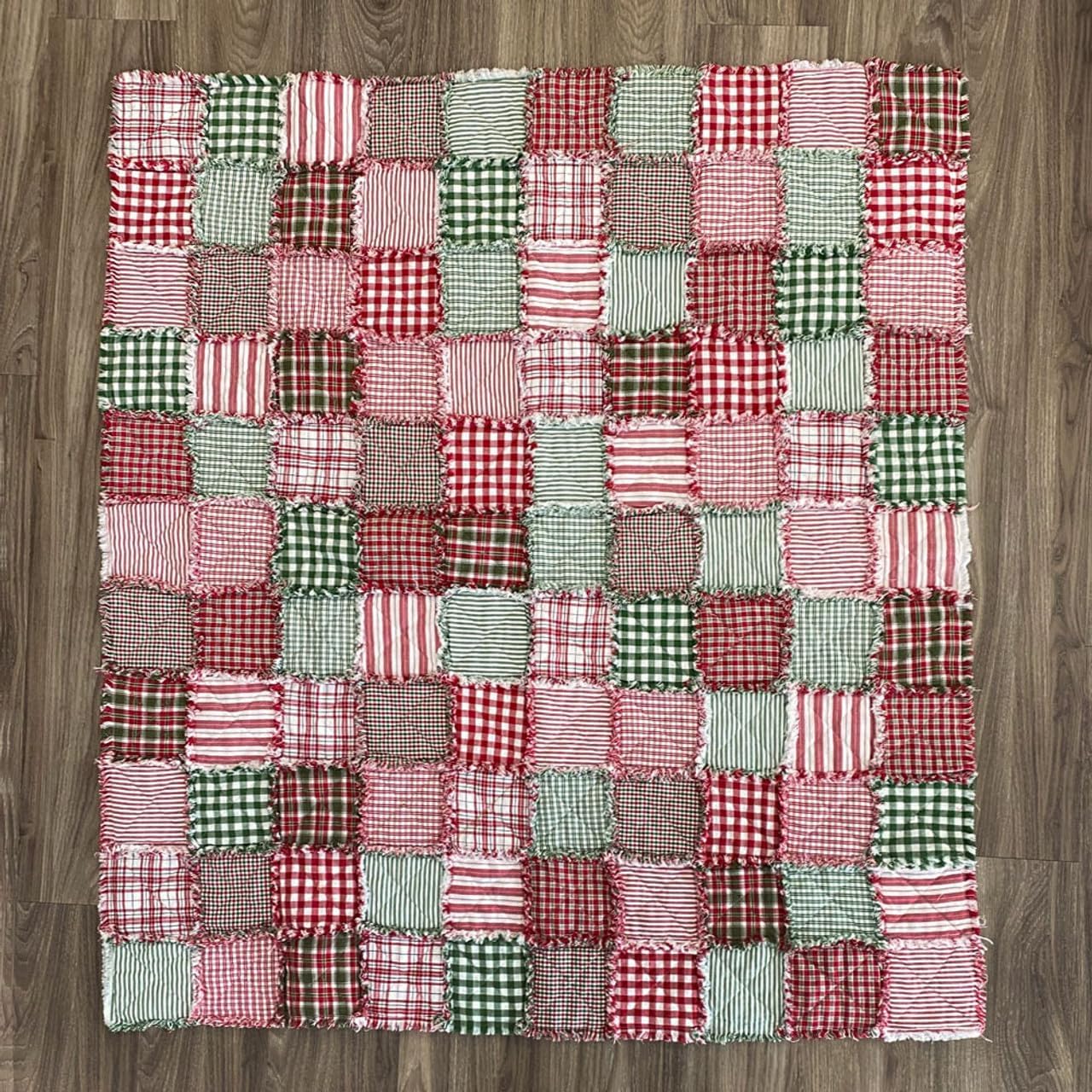 Merry Christmas Homespun Quilt Kit, 200+ six inch Squares, Cotton Plaid Red Green Fabric by JCS