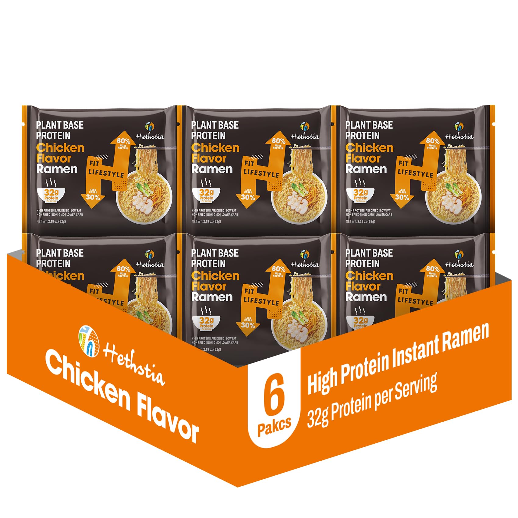 Hethstia High Protein Ramen Soup– 6 Pack Instant Ramen Chicken Flavor, Plant-Based Protein (32g), Vegan, Vegetarian, Non-GMO, Low Fat, Air-Dried,