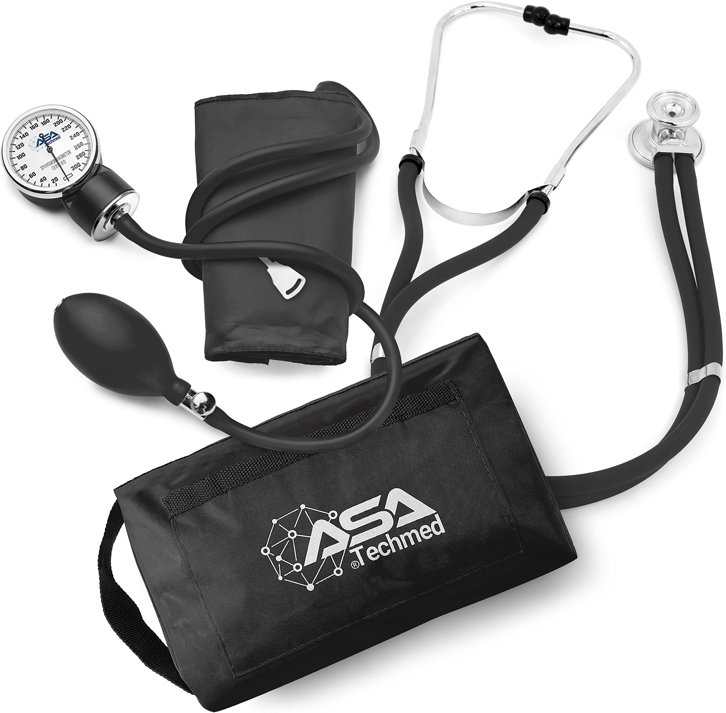 Dual Head Sprague Stethoscope and Sphygmomanometer Manual Blood Pressure Cuff Set with Case, Gift for Medical Students, Doctors, Nurses, EMT and Paramedics, Black