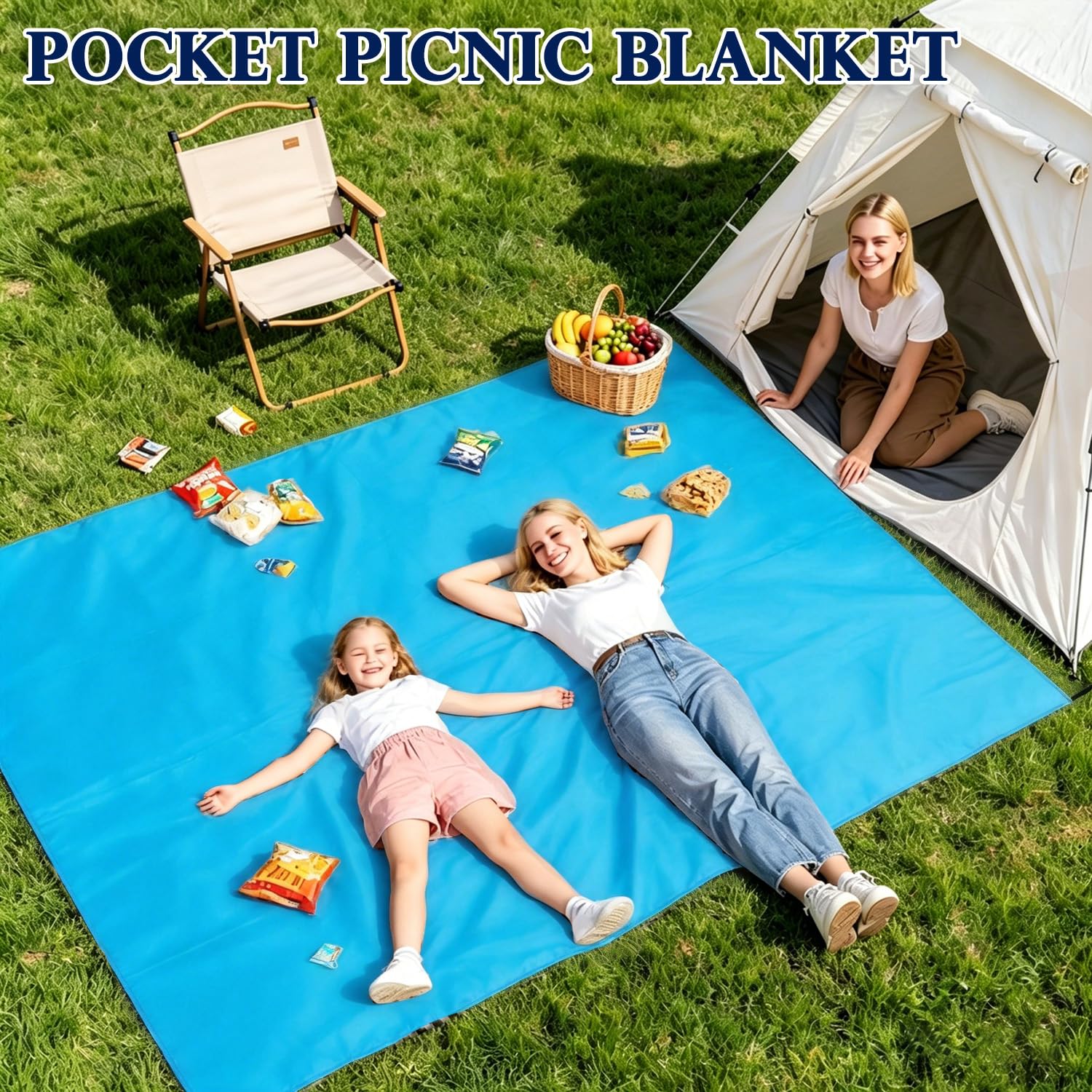 Fammart Pocket Picnic Blanket Sandproof Waterproof, Portable Lightweight Camping Tarp, Quick Dry Foldable Compact Beach Mat with Corner Pockets & Stakes for Festivals Hiking Outdoor Essentials : Sports & Outdoors