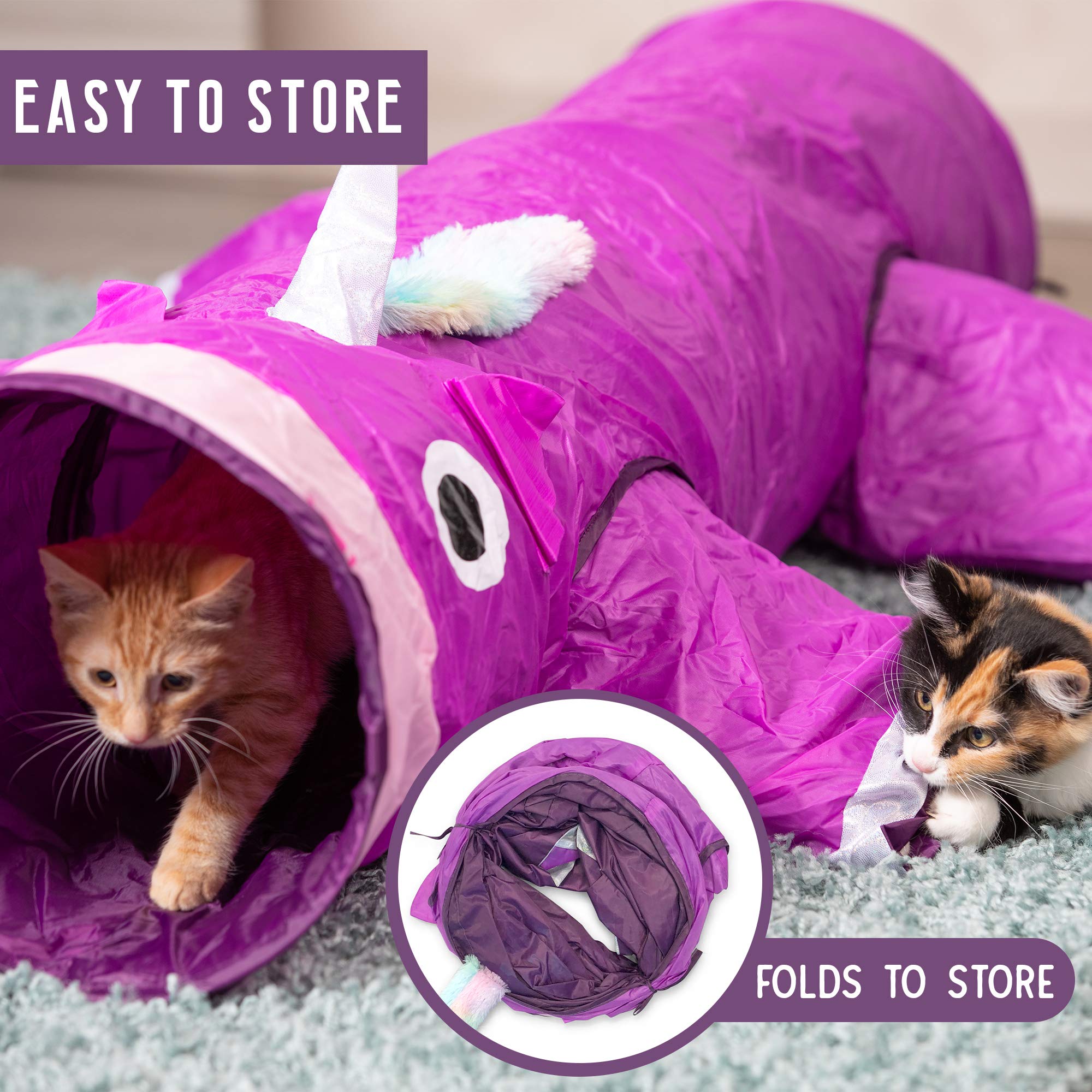 Pet Craft Supply Magic Mewnicorn - Túnel para Gatos con Cuerda de Plumas Arrugadas para Perros, Gatos, Conejos, Gatitos y cobayas para esconderse, Cazar y Descansar