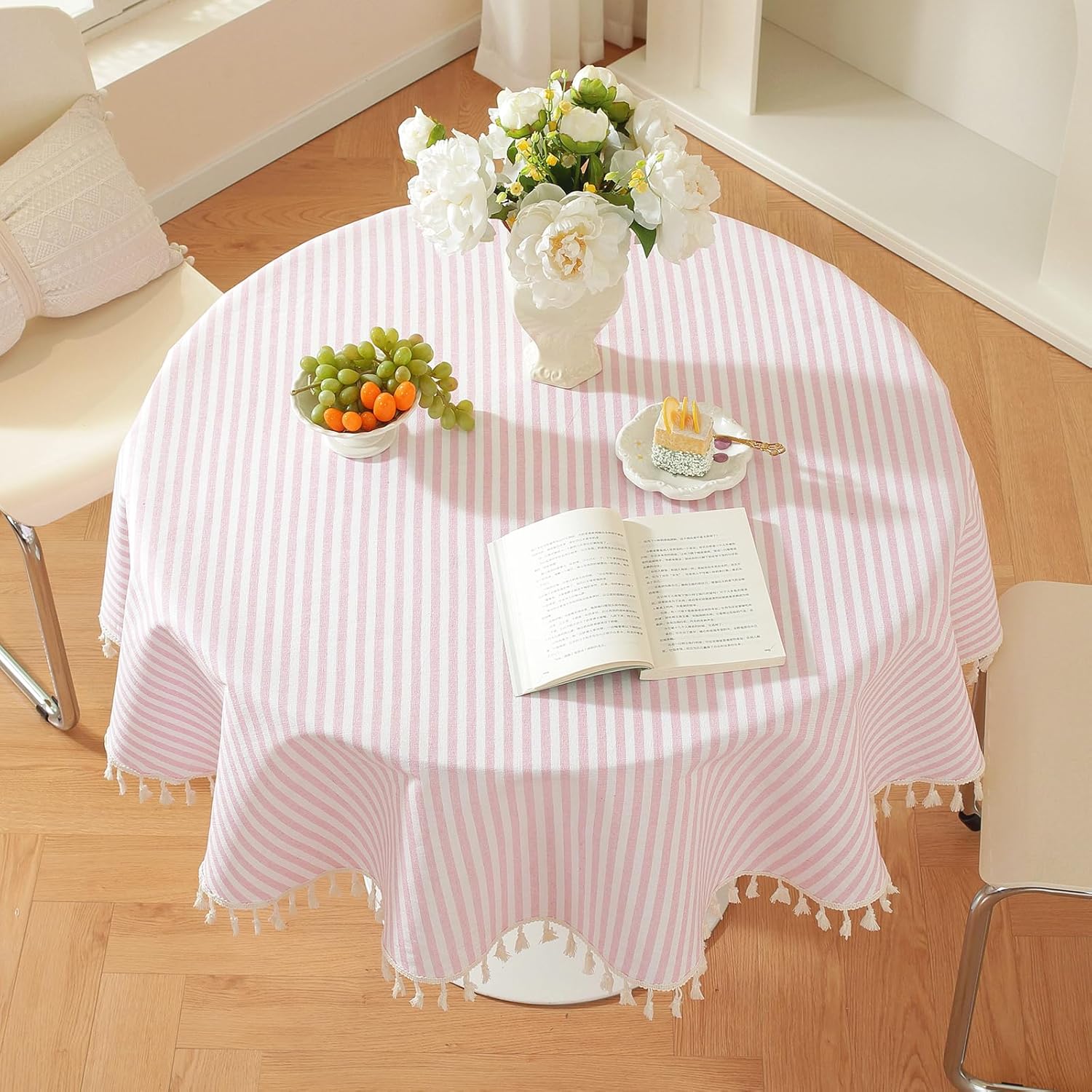 meioro Striped Round Tablecloth, Cotton Blend Fabric Pink Circle Table Cloth with Tassel, Washable Wrinkle Free Table Cover Cute Small Tablecloths for Card Coffee Tables Home Party - Round 60 Inch