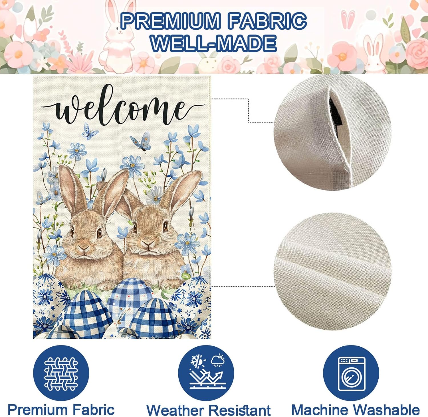 Baccessor Welcome Easter Garden Flag 12.5 x 18 Inch, Double Sided Burlap Bunny Blue Eggs Floral Rabbits Farmhouse Small Yard Flag Seasonal Holiday Spring Easter Outdoor Decor - Image 6
