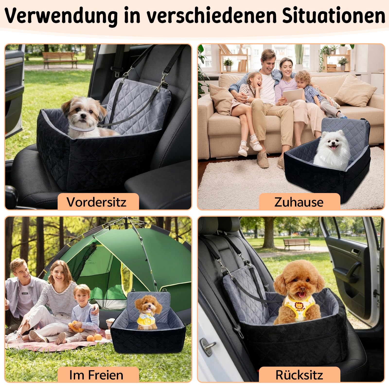 Hunde Autositz für kleine bis mittlere Hunde, Waschbares mit Aufbewahrungstaschen Memory-Schaum Hundebooster rutschfeste Unterseite & 2 Sicherheitsgurte, Reise-Hundebett für Vordersitz und Rückbank