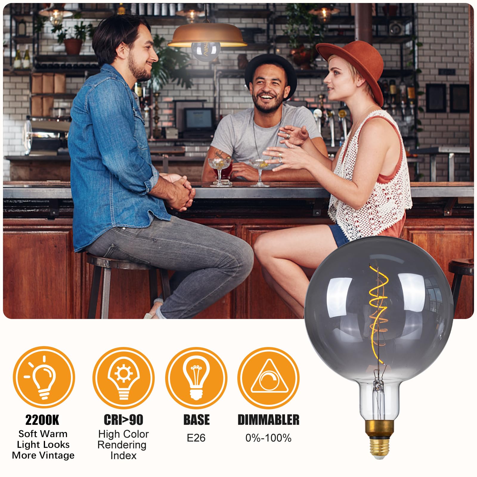 SD LUX Oversized Vintage LED Light Bulbs 5W, Medium Base E26, Giant Edison Bulb Large Decorative Bulbs, Huge Edison Light, Dimmable 200LM(15W Equi) Pendant Lighting Warm White 2200K,1 Pack(G200-Smoke)