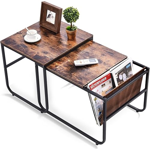 TOOLF Nesting Coffee Table Set of 2 for Living Room Office, Rustic Wood Accent End Tables with Side Pocket, Sofa Side Table with Sturdy Metal Frame, Easy Assembly