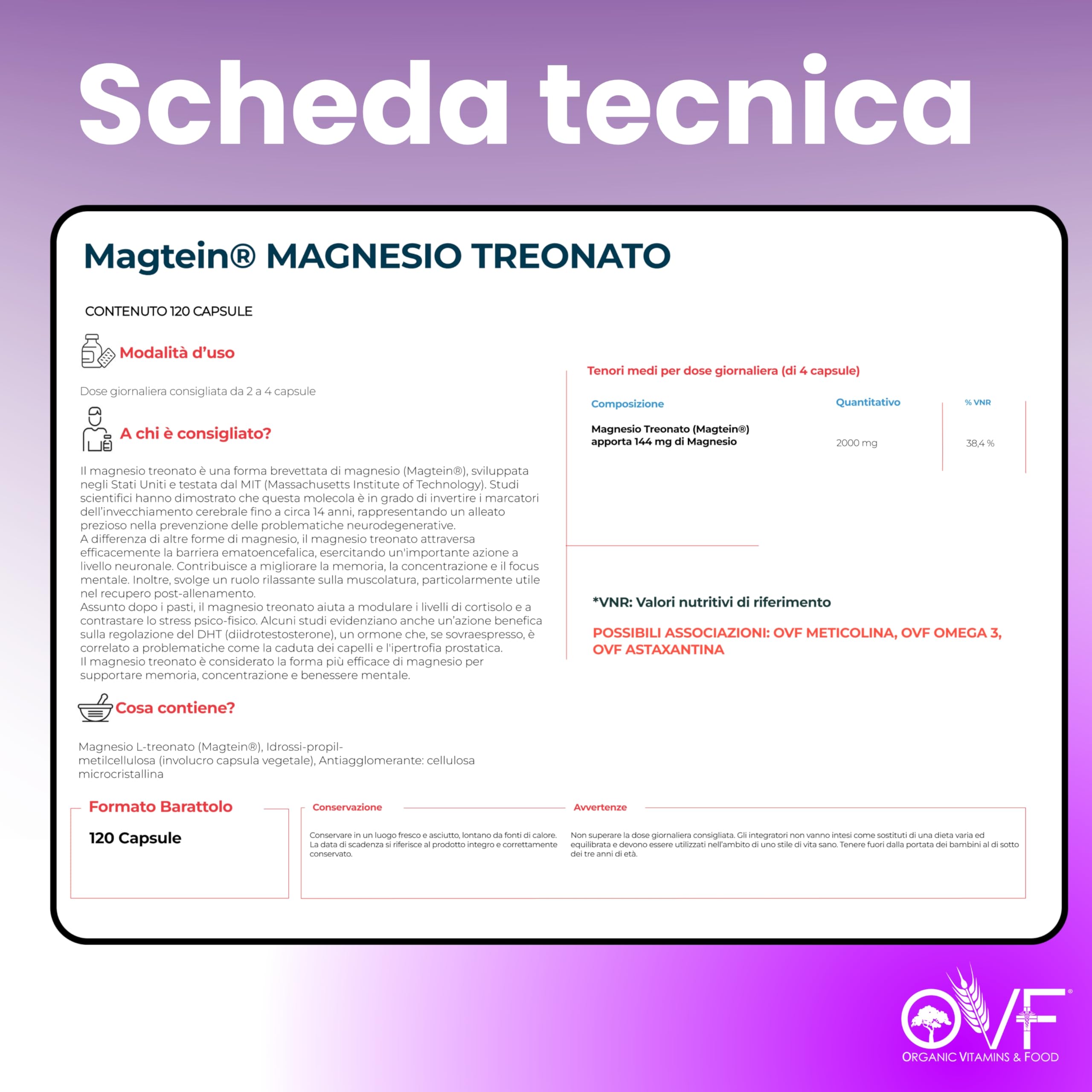 OVF Magnesio Treonato Puro Magtein ® 2000mg 120 Capsule, Magnesio Stanchezza e Sistema Nervoso, Integratore Magnesio L Treonato per Concentrazione, Stanchezza Fisica e Mentale, Senza Zucchero, Vegan