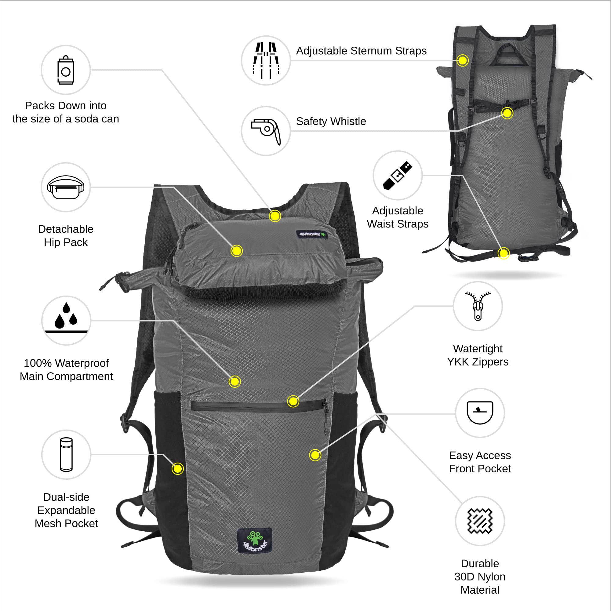 4Monster Zaino da escursionismo, 2 in 1, impermeabile, leggero, portatile, per viaggi, campeggio all'aperto
