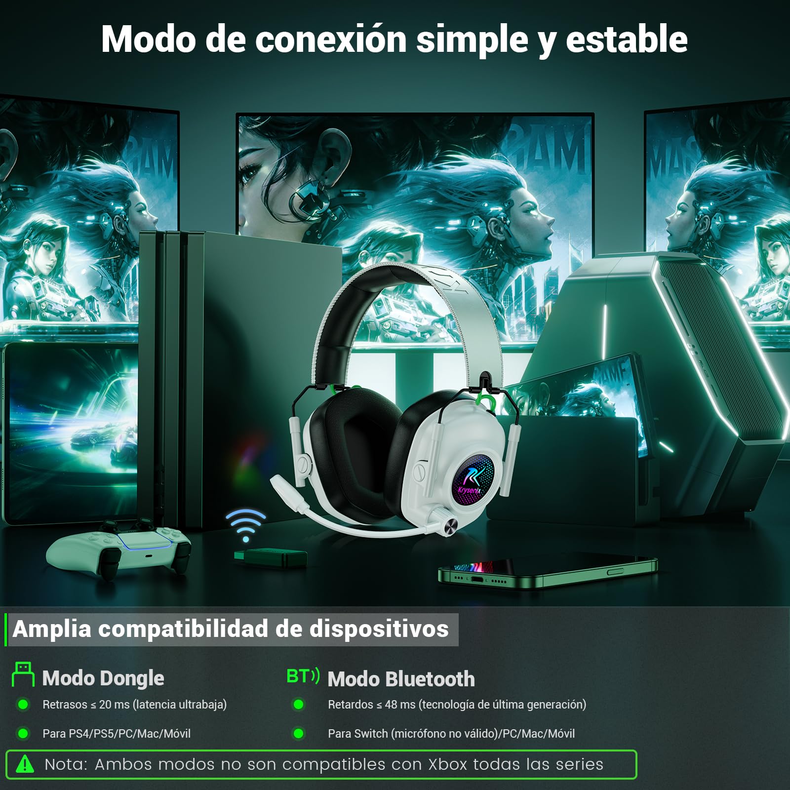 Krysenix 2,4 GHz Cascos Gaming Inalámbricos para PS5, PS4, PC, Mac, Switch, Auriculares Inalámbricos Bluetooth 5.4 con micrófono, Cancelación de Ruido, Duración 40Hr, Luz LED, Blanco Puro