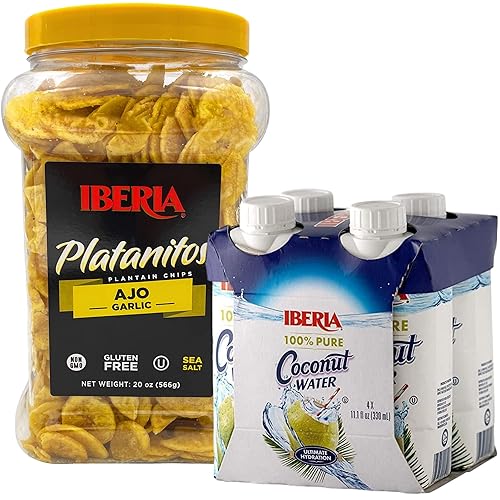 Iberia Chips de plátano con ajo, 20 onzas + Iberia 100% agua de coco natural, 11.1 onzas (paquete de 4)