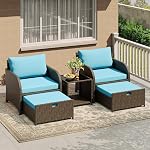 5-Piece Patio Conversation Set - Outdoor Rattan Furniture | Cushioned Chairs & Ottomans, Tempered Glass Table, All-Weather Wicker Sofa Set for Backyard, Balcony & Garden, Blue Cushions