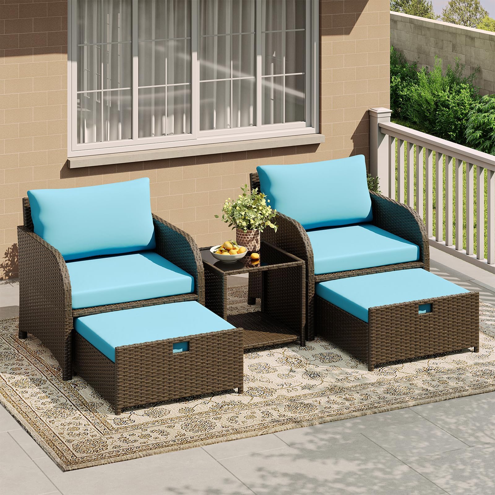 5 Piece Rattan Garden Furniture Set, All-Weather PE Wicker Outdoor Furniture Set with 2 Armchairs, 2 Ottomans & 2-Tier Coffee Table, Space-Saving Patio Conversation Set with Thick Cushions for Balcony