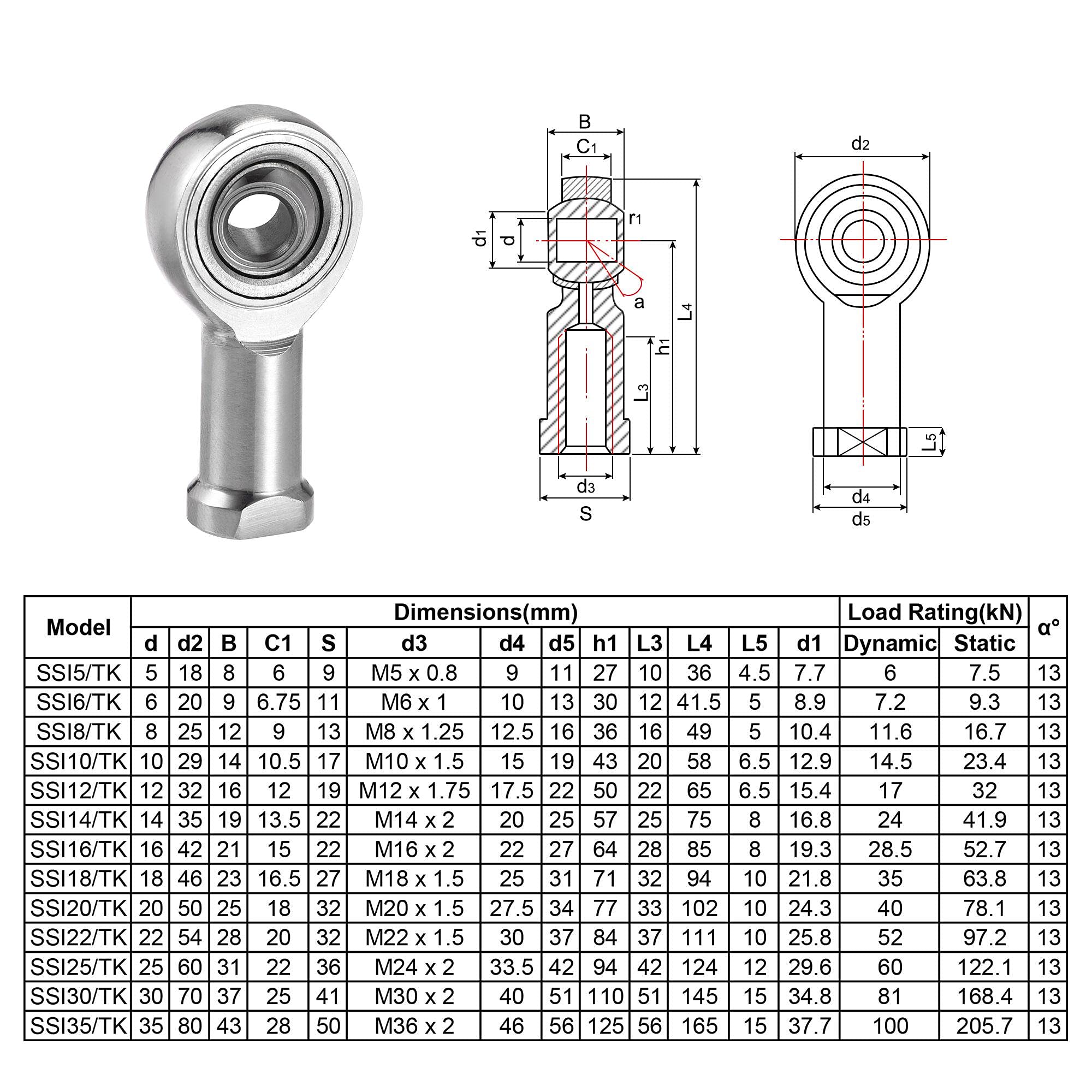 Uxcell SSI6T/K Rod End Bearings 6 Bore Stainless Steel 6x1 Feale - View #6