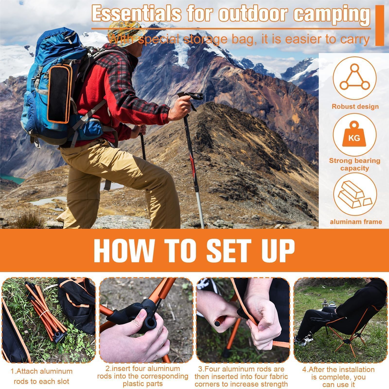 UCAMP Sedia Campeggio Pieghevole Con Borsa da Trasporto, Compatta da Esterno, Portatile, Tragbarer Campingstuhl für Picknick