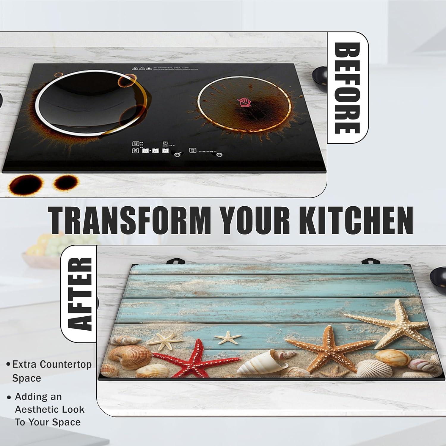 Electric Stove Top Cover,Beach Starfish Stove Cover for Glass Top Electric Stove,Blue Wood Board Seashells Heat Resistant Flat Top Stove Mat Countertop Protector, 28 x 20 Inch