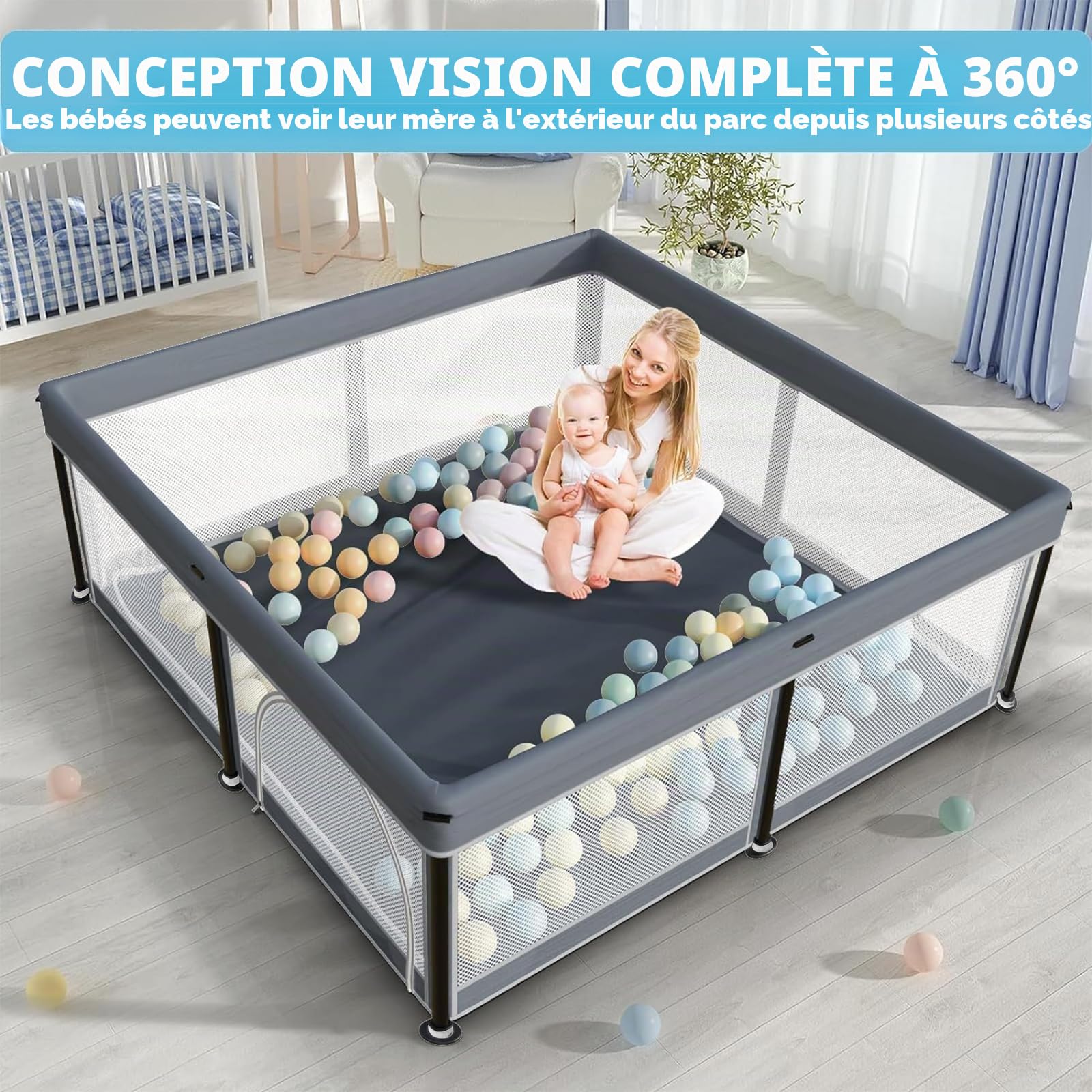 Parc pour bébé avec matelas, intérieur et extérieur, parc pliable, avec 50 balles d'océan (gris, 127 x 127 cm)