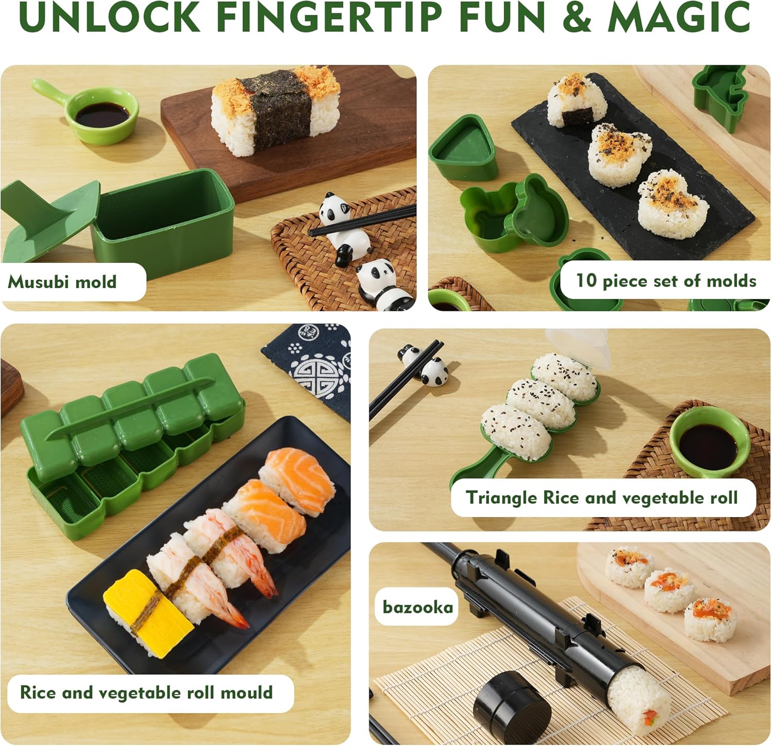 Sushi Maker Kit – 43-Piece Complete Set with Bazooka Roller, Onigiri Shaper, Nigiri Mold, Bamboo Rolling Mat & Tools | DIY for Beginners (Green)