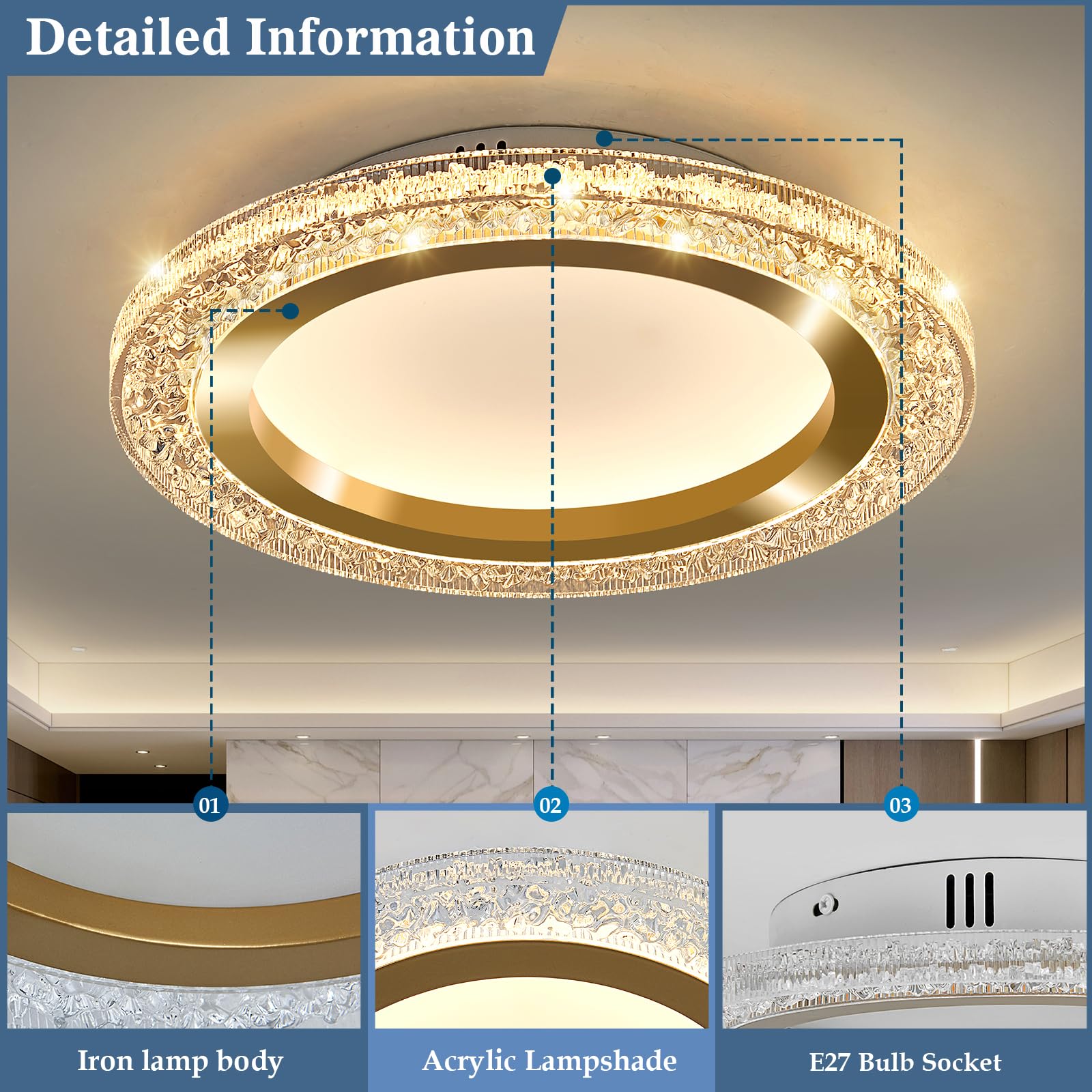 EOPSPYI 28W Gold LED Flush Mount Ceiling Light 11.81" Modern Round Ceiling Light Fixture 3000K-6000K Super Bright Circle Ceiling Chandelier for Bedroom Kitchen Hallway Bathroom - Image 3