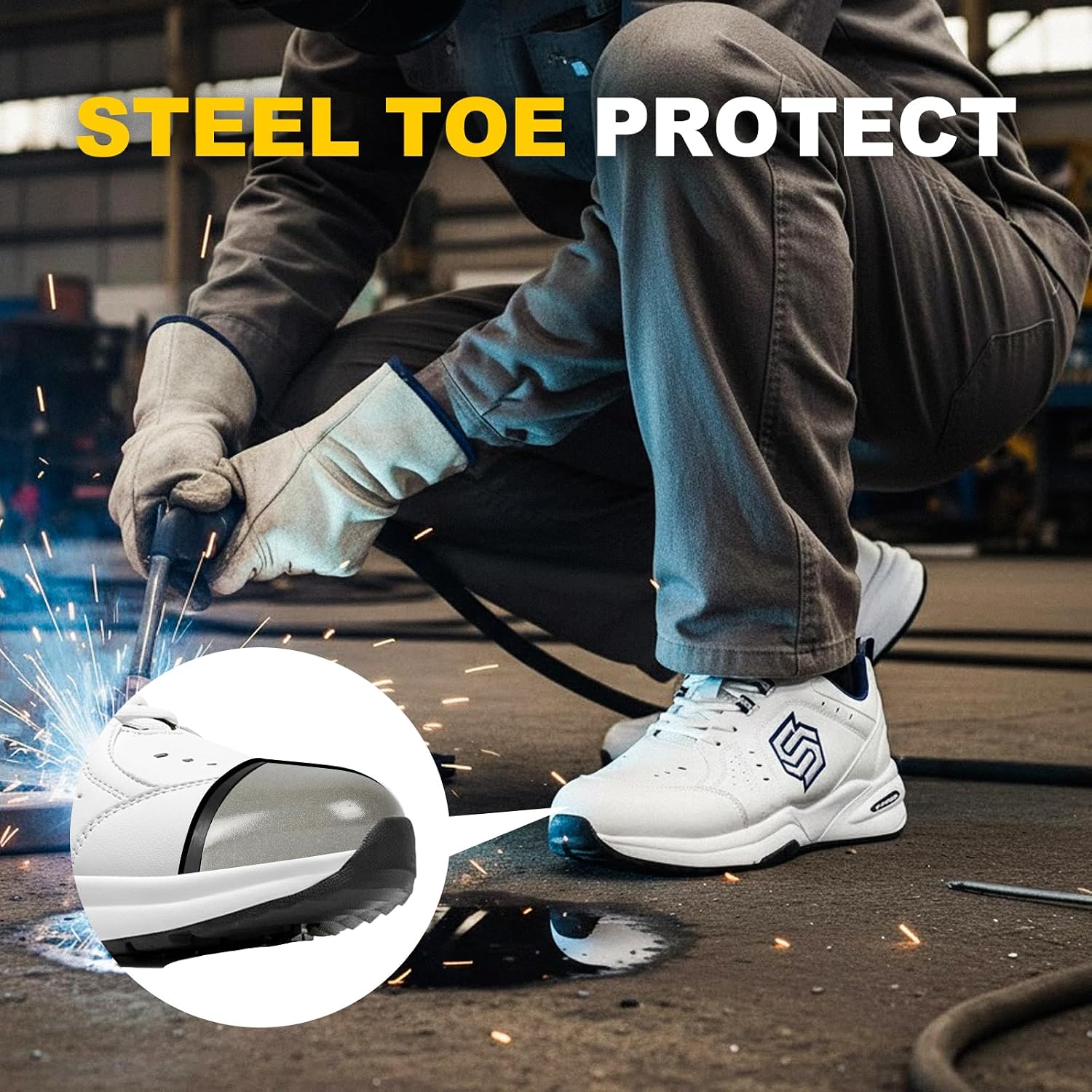 Furuian Steel Toe Shoes for Men Fashion Safety Shoes for Men Comfortable Steel Toe Sneakers Stylish Mens Safety Work Sneakers