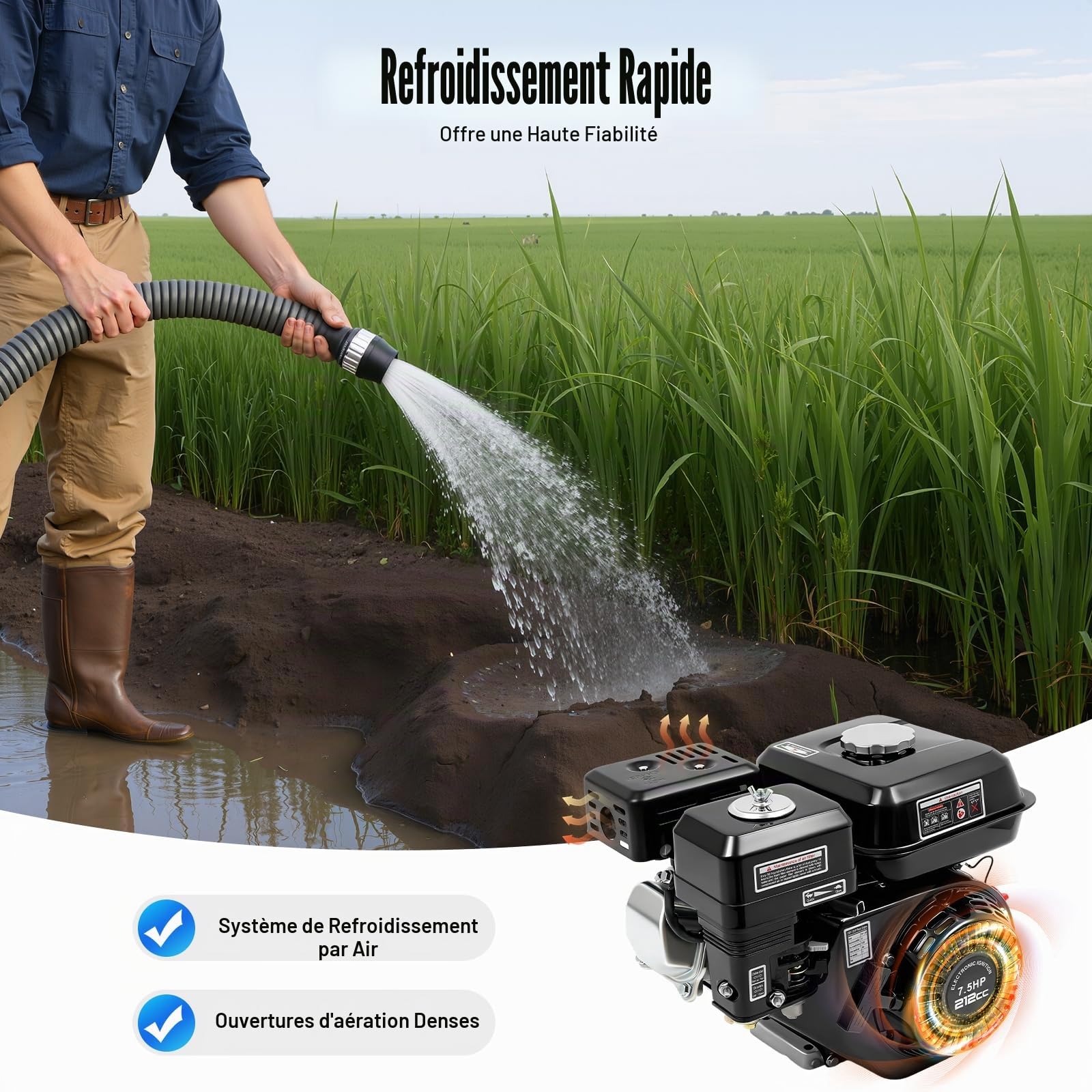 Moteur à Essence 4 Temps 7,5 CV, Moteur Thermique 212cc OHV Monocylindre avec Arbre de 20 mm de Diamètre et Alarme d'Huile - Moteur Industriel 3600 tr/min